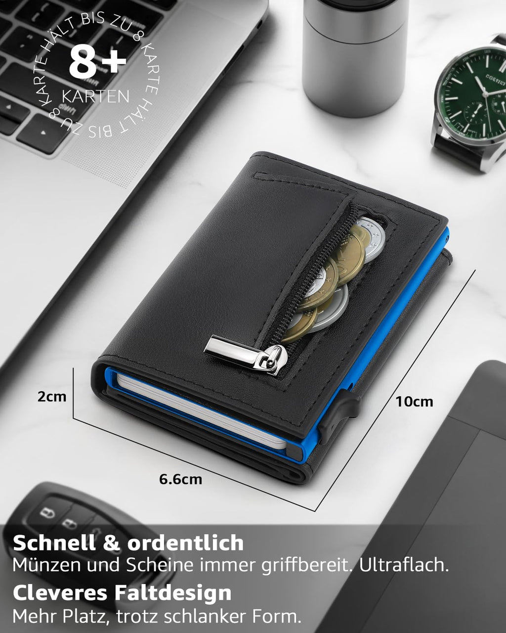 TEEHON Leder Geldbörse Herren mit Münzfach & RFID Schutz | Slim Wallet Kreditkartenetui mit Banknotenfächer | Carbon Geldbeutel Herren Kartenetui Klein& ID-Fenster | Mini Portmonee | Schwarz