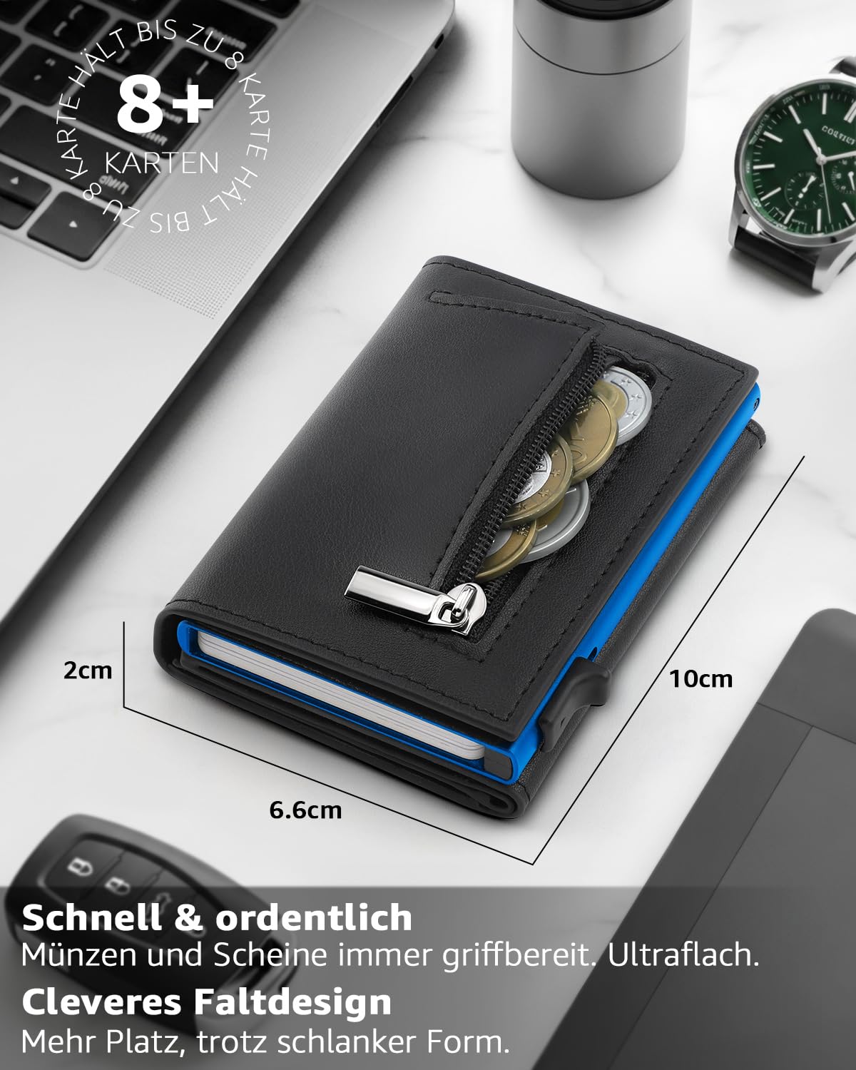 TEEHON Leder Geldbörse Herren mit Münzfach & RFID Schutz | Slim Wallet Kreditkartenetui mit Banknotenfächer | Carbon Geldbeutel Herren Kartenetui Klein& ID-Fenster | Mini Portmonee | Schwarz