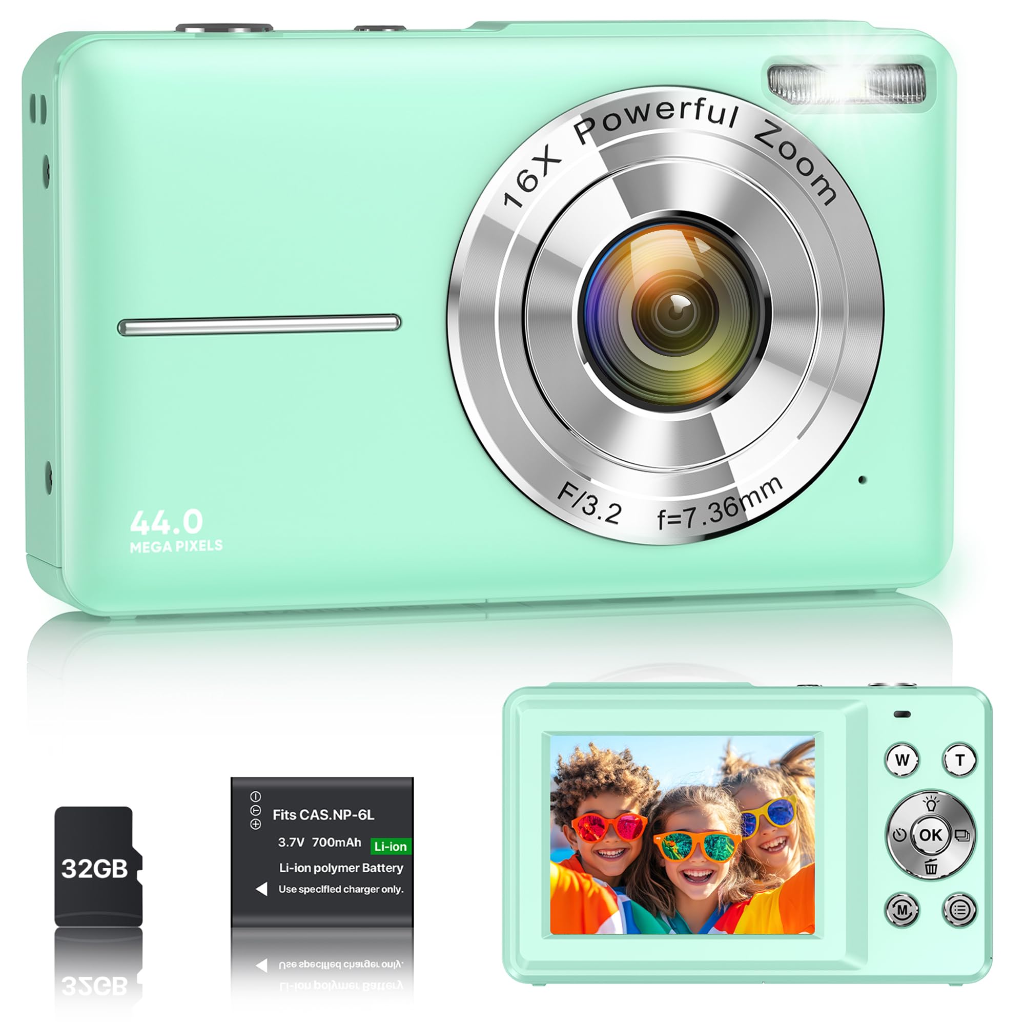 Digitalkamera 1080P 44MP Vlogging Kamera für Kinder Jugendliche, FHD Kompaktkamera Fotokamera mit 2,4" Bildschirm 16X Zoom, Anti-Shake Minikamera für Anfänger Studenten Jungen Mädchen-Schwarz