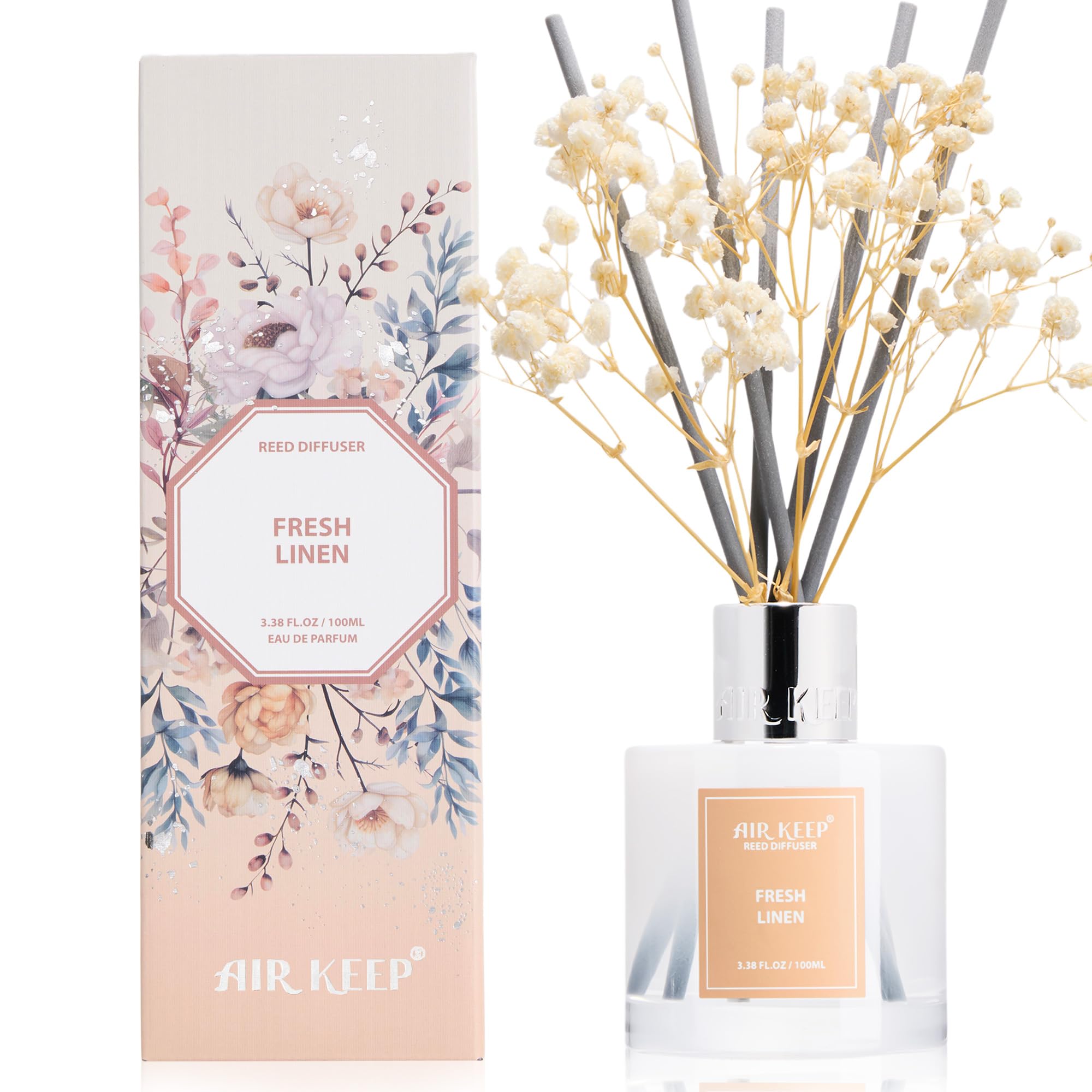 Airkeep Raumduft Clean Linen Duft, Reed Diffuser mit 8 Duftstäbchen, Lufterfrischer für Badezimmer, Wohnung, Heimdekoration, 100ml