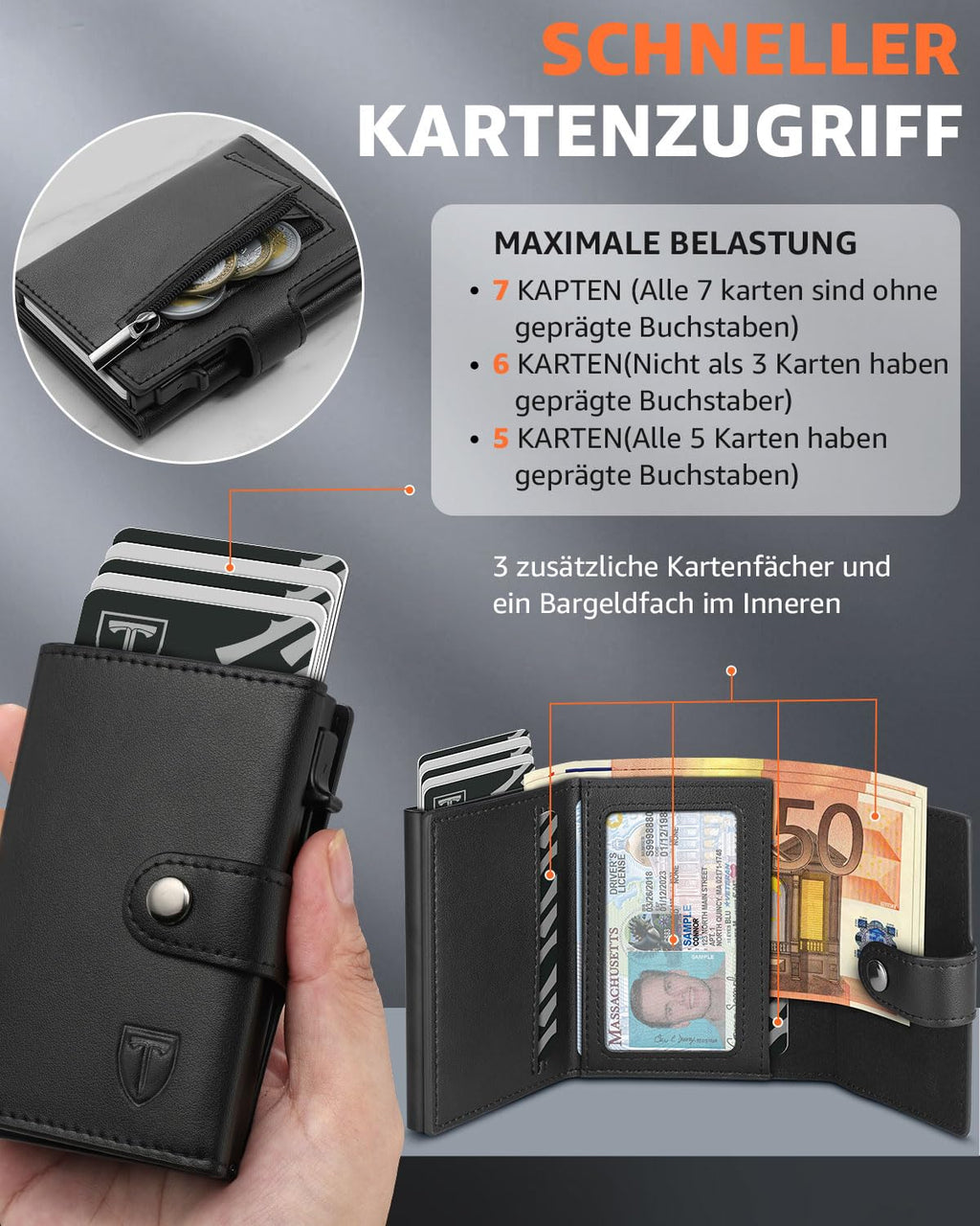 TEEHON Leder Geldbörse Herren mit Münzfach & RFID Schutz | Slim Wallet Kreditkartenetui mit Banknotenfächer | Carbon Geldbeutel Herren Kartenetui Klein& ID-Fenster | Mini Portmonee | Schwarz