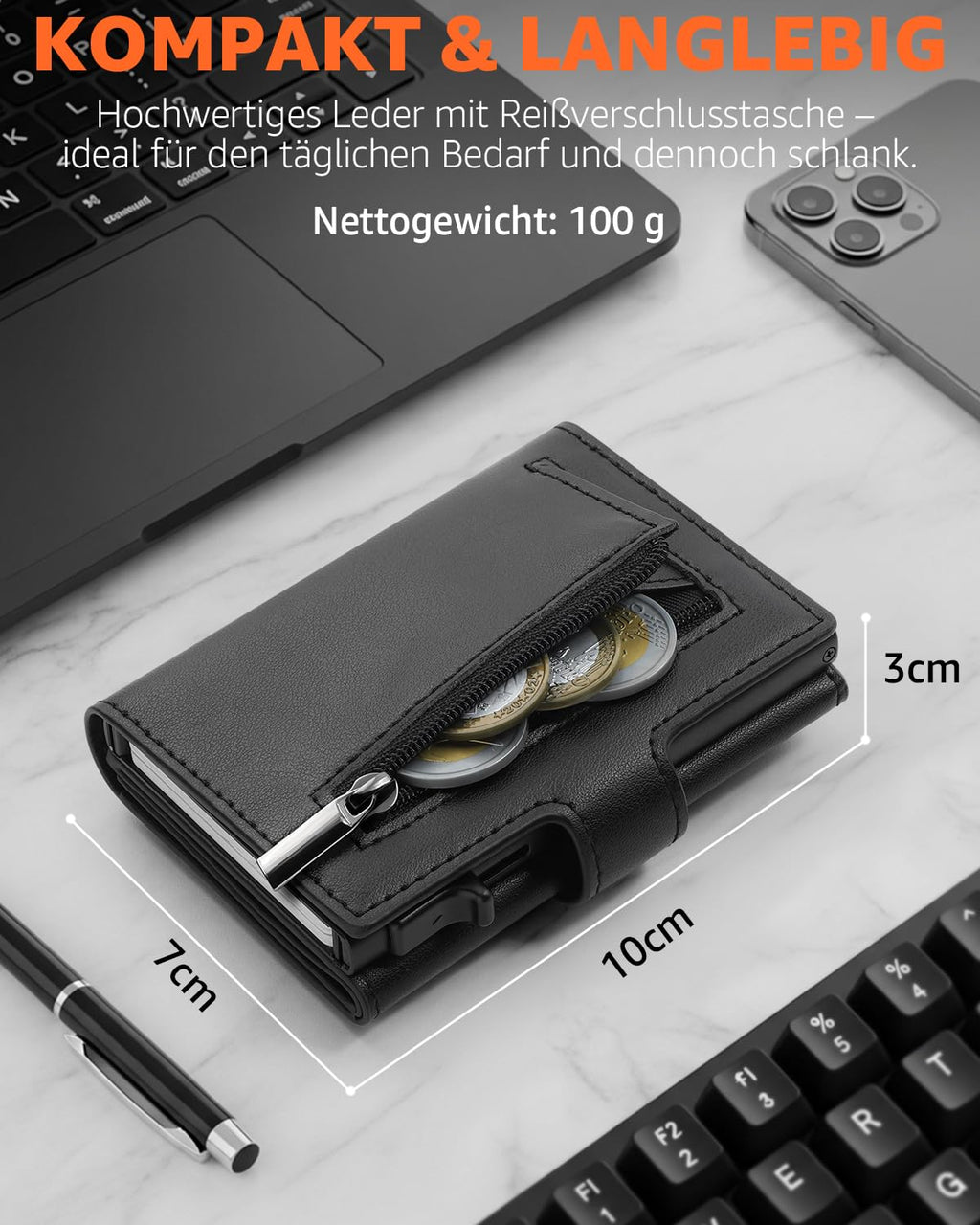 TEEHON Leder Geldbörse Herren mit Münzfach & RFID Schutz | Slim Wallet Kreditkartenetui mit Banknotenfächer | Carbon Geldbeutel Herren Kartenetui Klein& ID-Fenster | Mini Portmonee | Schwarz