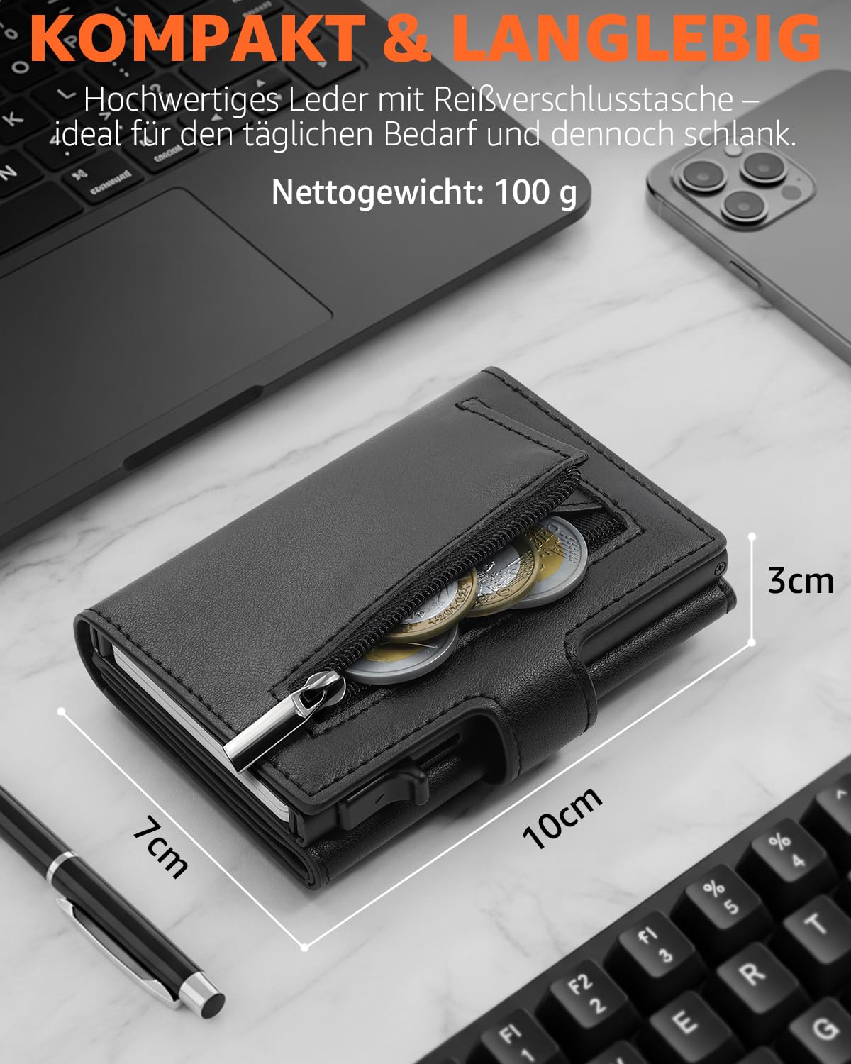 TEEHON Leder Geldbörse Herren mit Münzfach & RFID Schutz | Slim Wallet Kreditkartenetui mit Banknotenfächer | Carbon Geldbeutel Herren Kartenetui Klein& ID-Fenster | Mini Portmonee | Schwarz