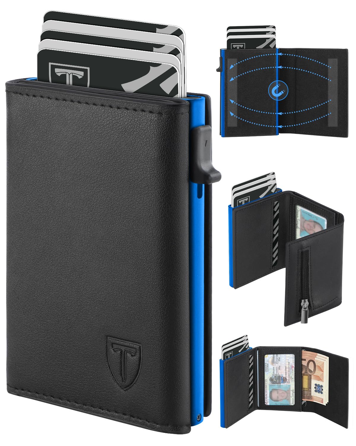 TEEHON Leder Geldbörse Herren mit Münzfach & RFID Schutz | Slim Wallet Kreditkartenetui mit Banknotenfächer | Carbon Geldbeutel Herren Kartenetui Klein& ID-Fenster | Mini Portmonee | Schwarz