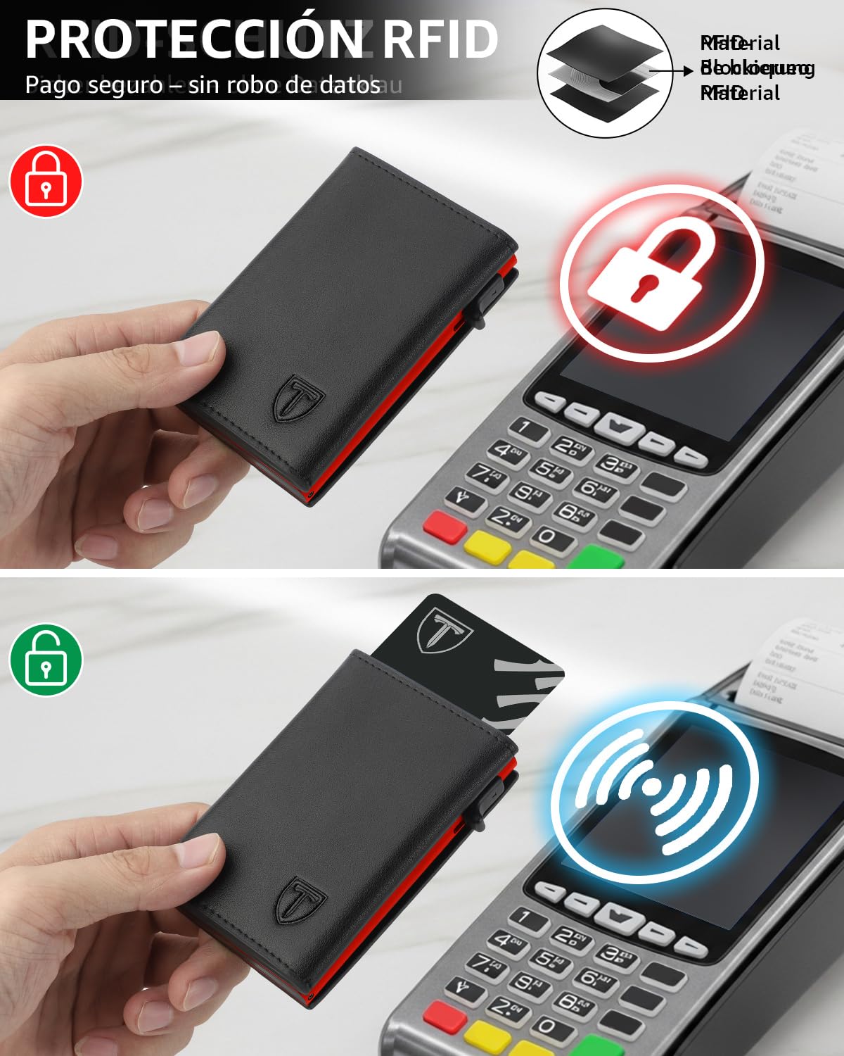TEEHON Leder Geldbörse Herren mit Münzfach & RFID Schutz | Slim Wallet Kreditkartenetui mit Banknotenfächer | Carbon Geldbeutel Herren Kartenetui Klein& ID-Fenster | Mini Portmonee | Schwarz