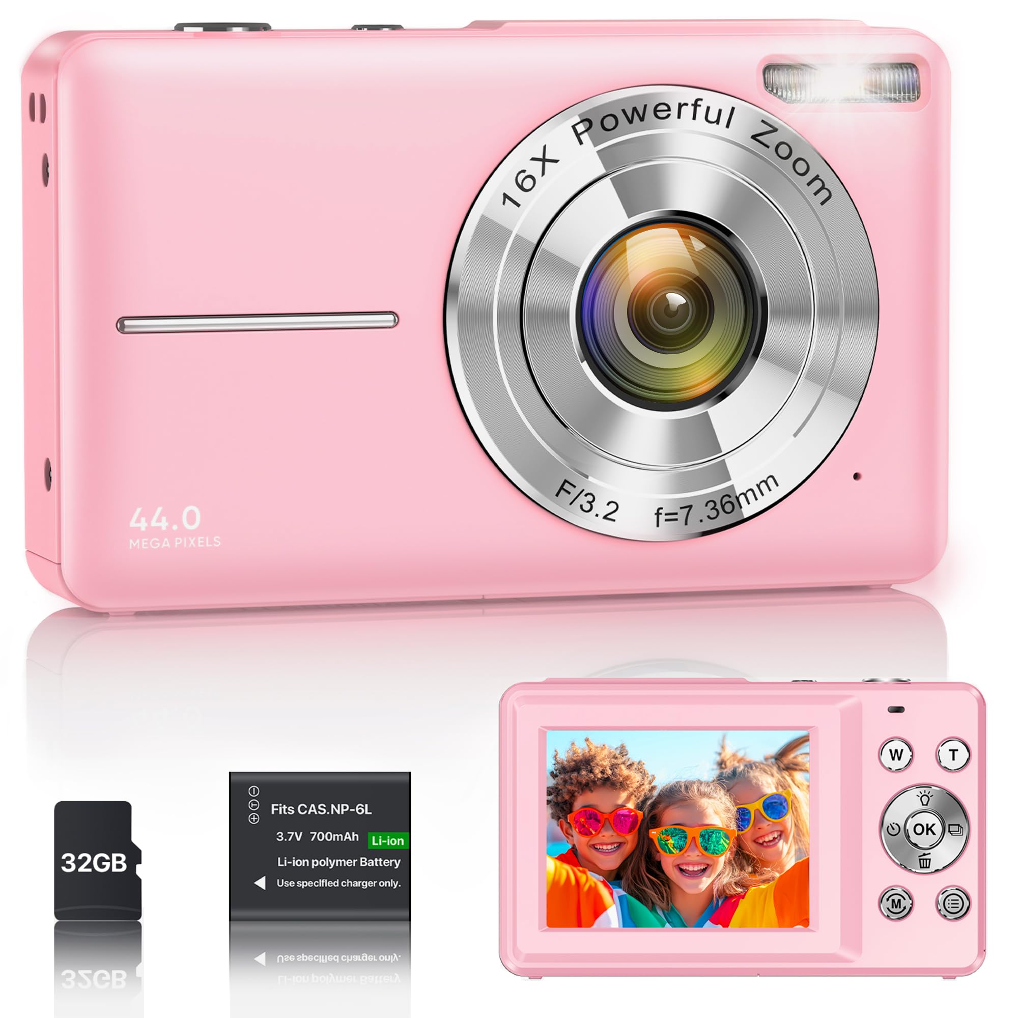 Digitalkamera 1080P 44MP Vlogging Kamera für Kinder Jugendliche, FHD Kompaktkamera Fotokamera mit 2,4" Bildschirm 16X Zoom, Anti-Shake Minikamera für Anfänger Studenten Jungen Mädchen-Schwarz