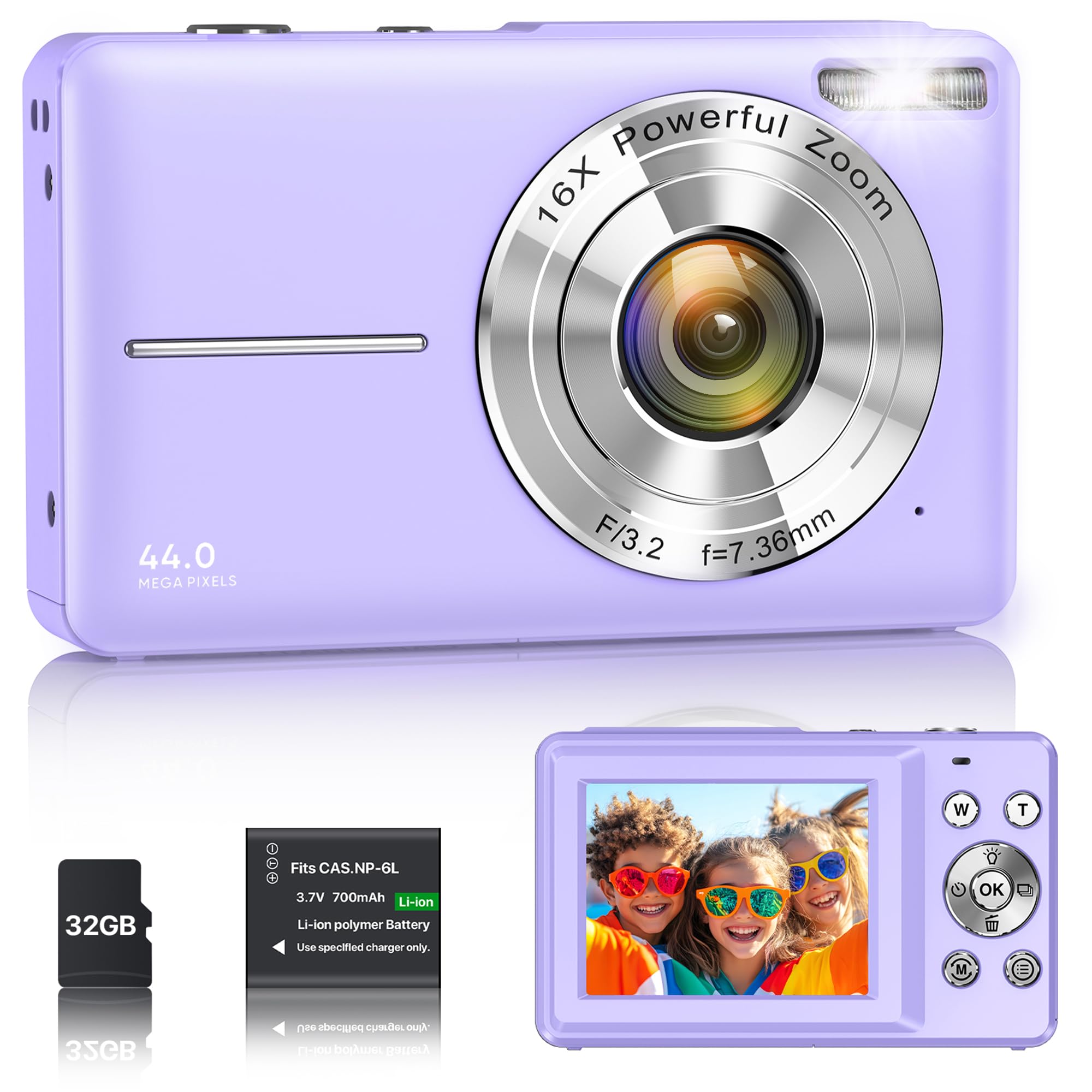 Digitalkamera 1080P 44MP Vlogging Kamera für Kinder Jugendliche, FHD Kompaktkamera Fotokamera mit 2,4" Bildschirm 16X Zoom, Anti-Shake Minikamera für Anfänger Studenten Jungen Mädchen-Schwarz