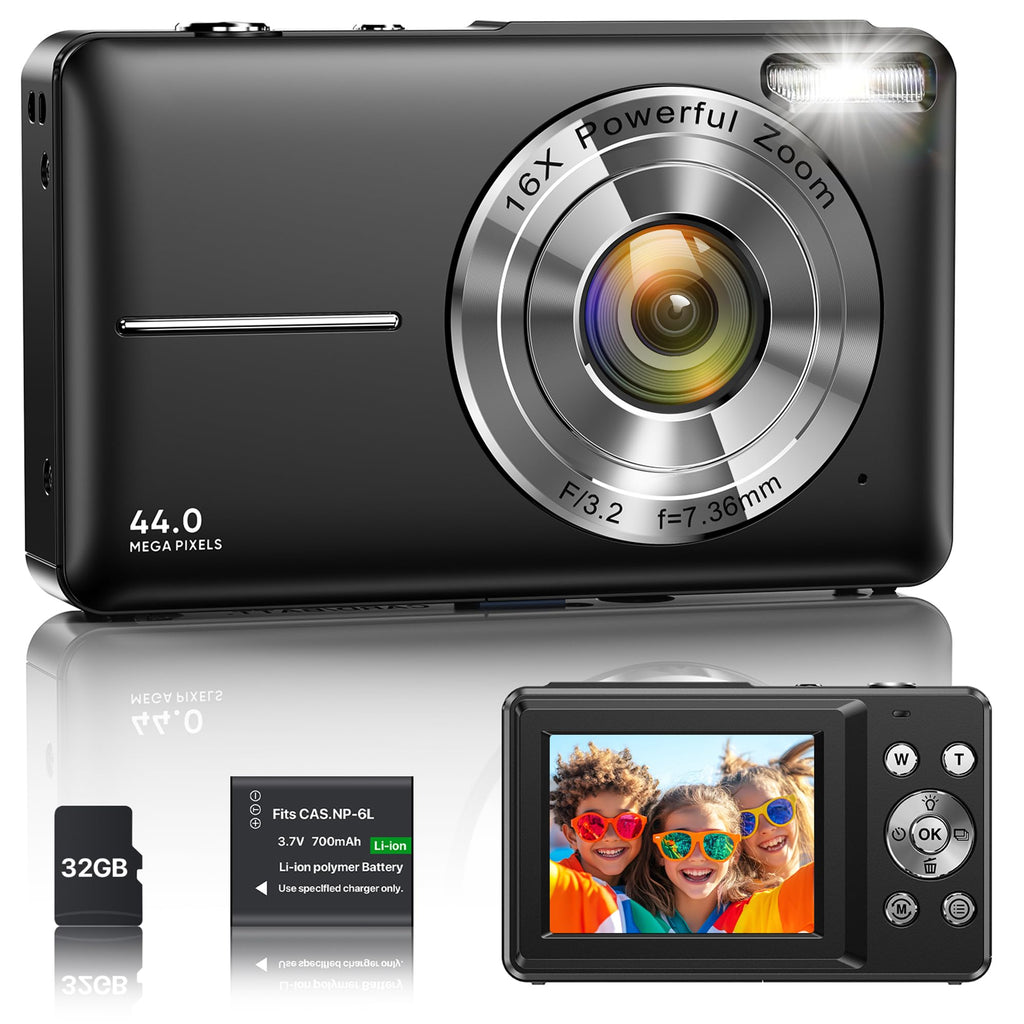 Digitalkamera 1080P 44MP Vlogging Kamera für Kinder Jugendliche, FHD Kompaktkamera Fotokamera mit 2,4" Bildschirm 16X Zoom, Anti-Shake Minikamera für Anfänger Studenten Jungen Mädchen-Schwarz