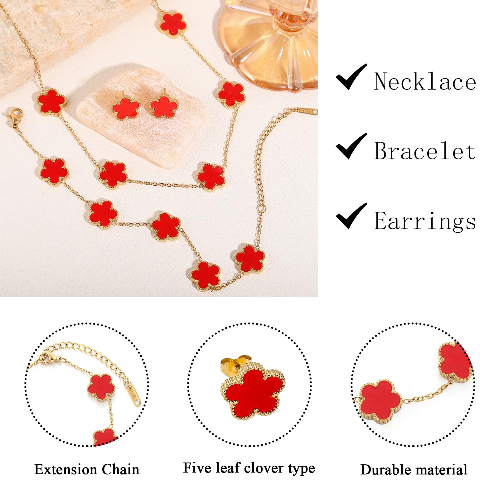 18k Vierblättriges Kleeblatt Schmuckset, Damen Und MäDchen Vergoldet Vierblättriges Kleeblatt Armband Halskette Ohrringe Armband,Schmuck Set für Muttertags,Valentinstag