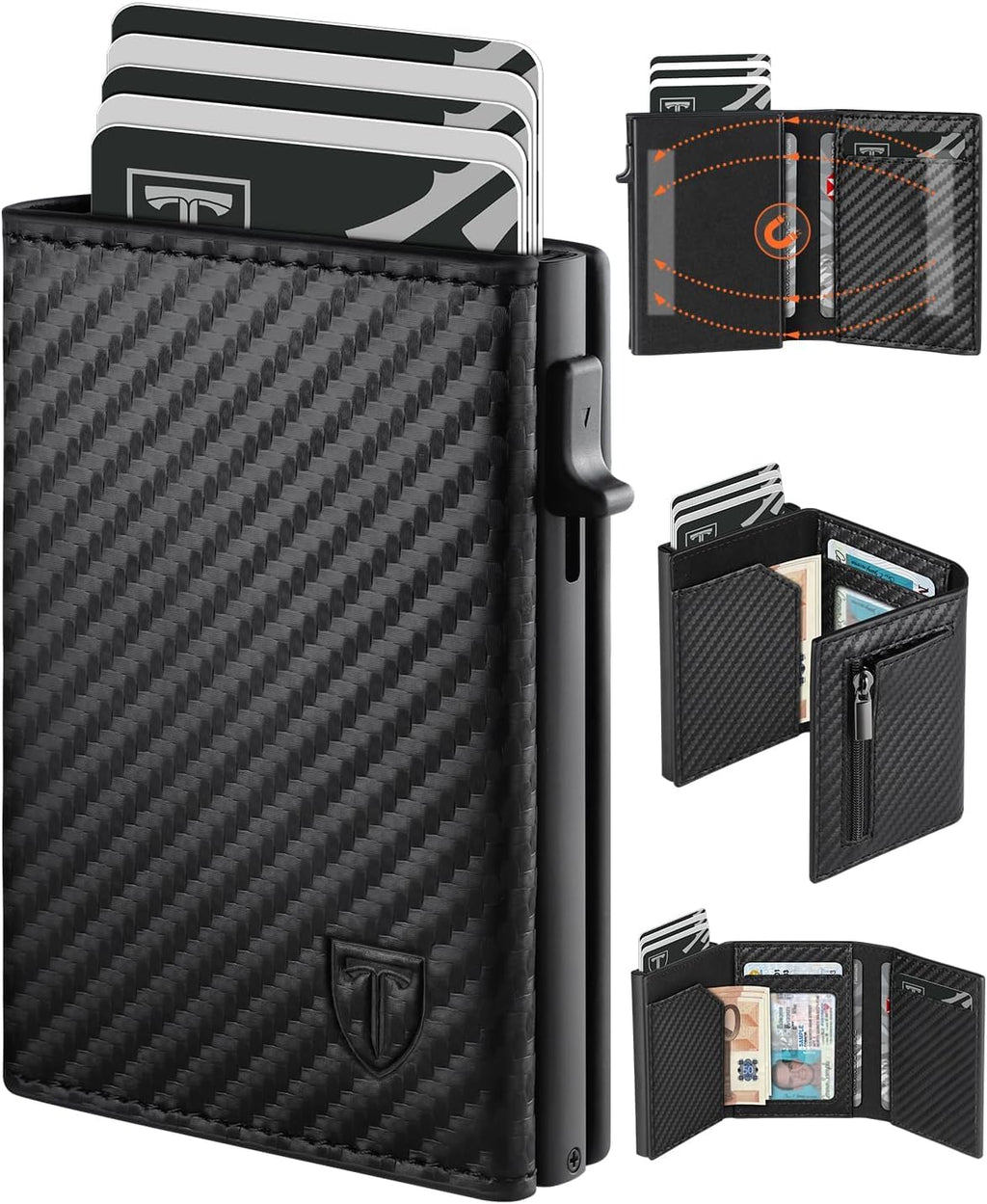 TEEHON Leder Geldbörse Herren mit Münzfach & RFID Schutz | Slim Wallet Kreditkartenetui mit Banknotenfächer | Carbon Geldbeutel Herren Kartenetui Klein& ID-Fenster | Mini Portmonee | Schwarz