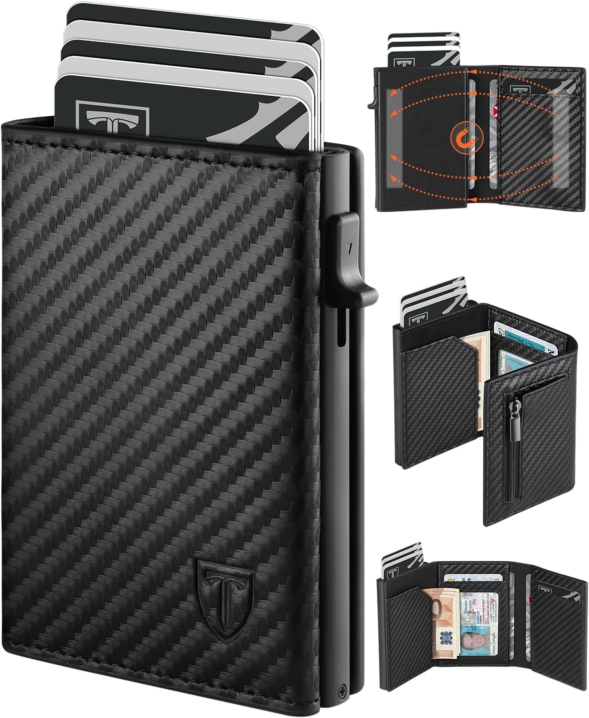 TEEHON Leder Geldbörse Herren mit Münzfach & RFID Schutz | Slim Wallet Kreditkartenetui mit Banknotenfächer | Carbon Geldbeutel Herren Kartenetui Klein& ID-Fenster | Mini Portmonee | Schwarz