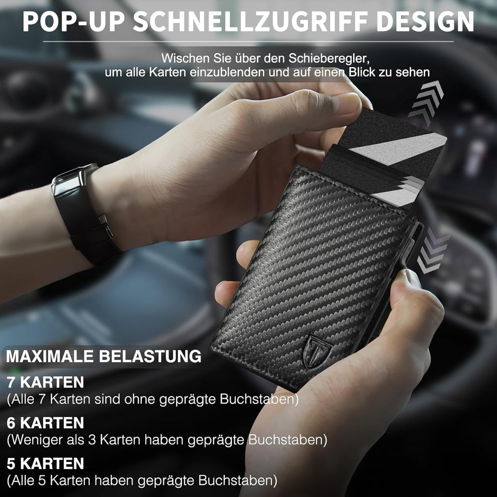 TEEHON Leder Geldbörse Herren mit Münzfach & RFID Schutz | Slim Wallet Kreditkartenetui mit Banknotenfächer | Carbon Geldbeutel Herren Kartenetui Klein& ID-Fenster | Mini Portmonee | Schwarz