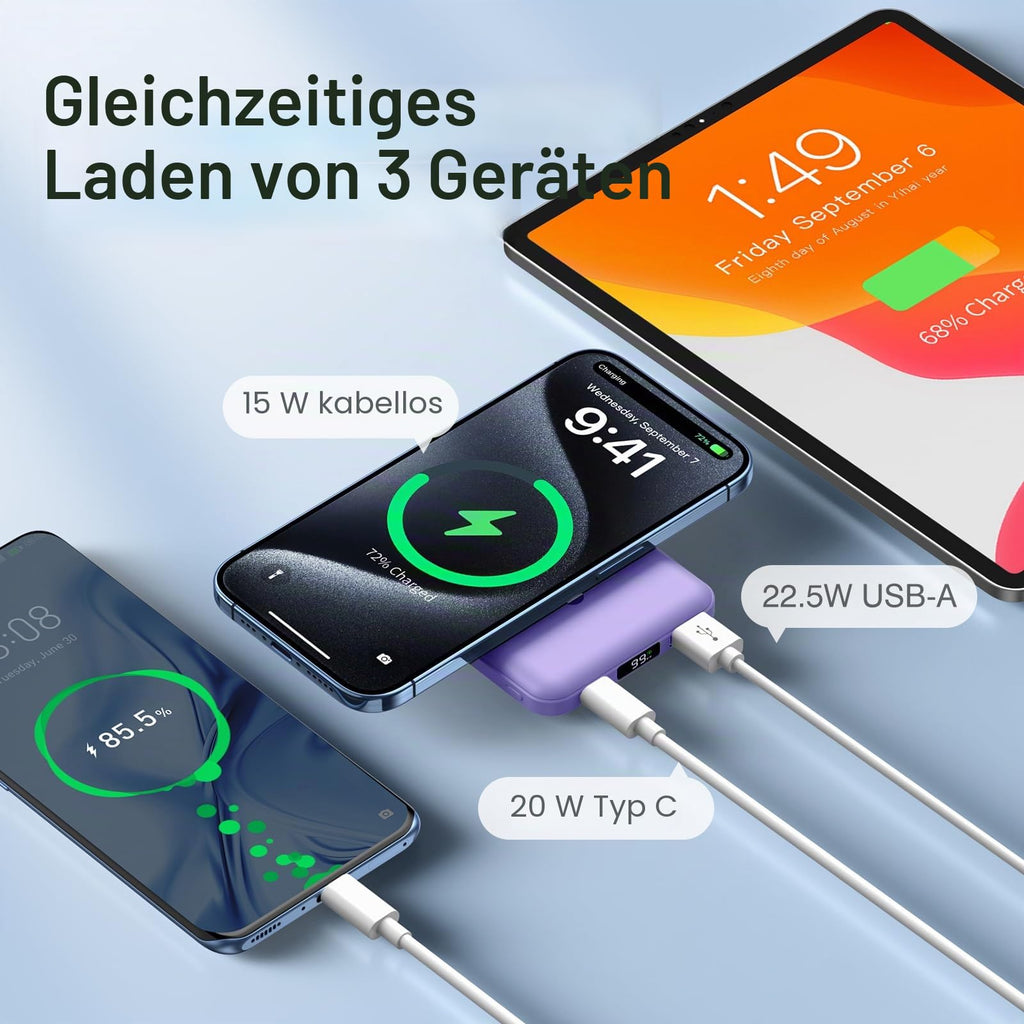Powerbank für MagSafe, AOGUERBE Magnetische Power Bank 10000mAh, Kabellose Powerbank Schnellladung Externe Handyakkus mit LED Display für iPhone 17/16/15/14/13/12 Series