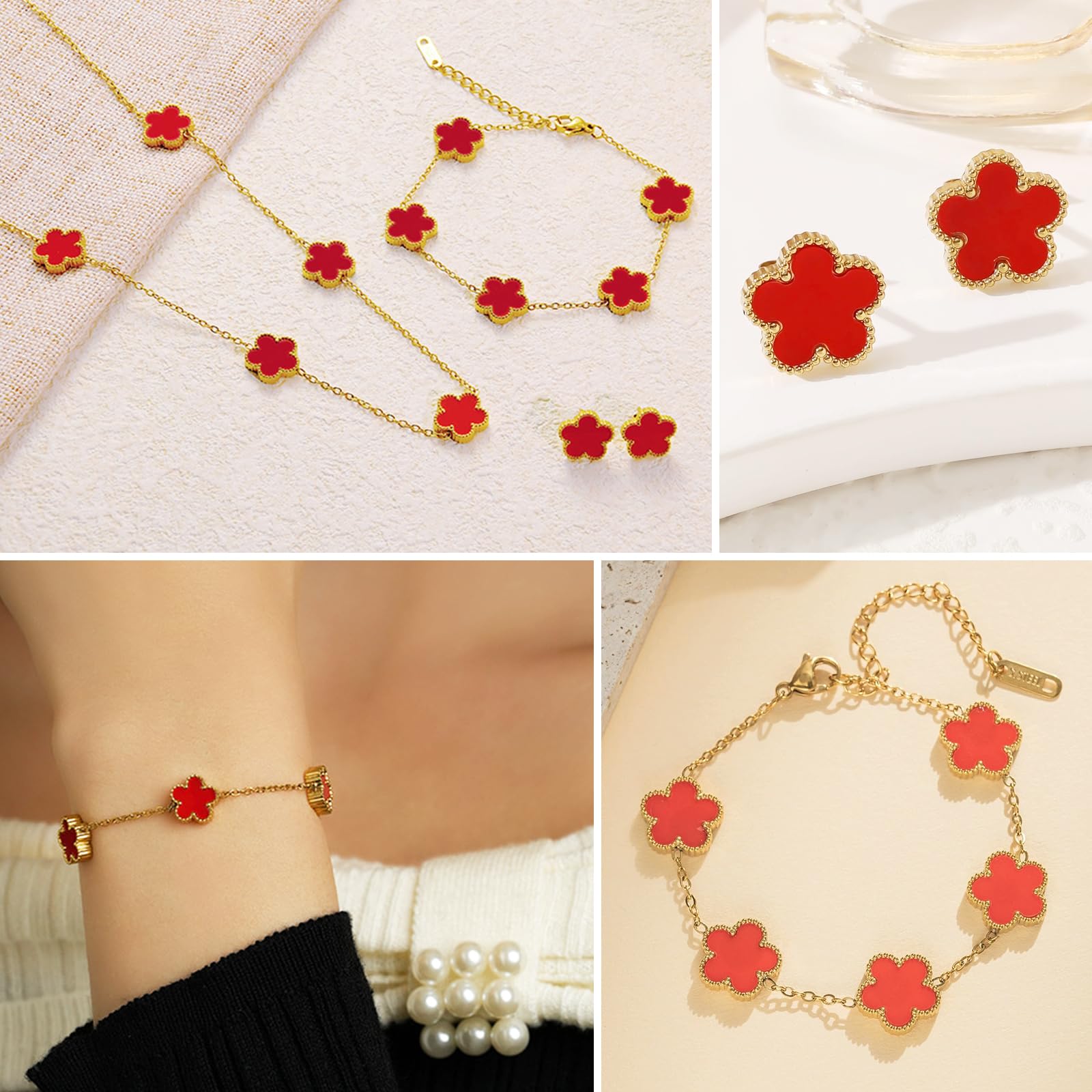 18k Vierblättriges Kleeblatt Schmuckset, Damen Und MäDchen Vergoldet Vierblättriges Kleeblatt Armband Halskette Ohrringe Armband,Schmuck Set für Muttertags,Valentinstag