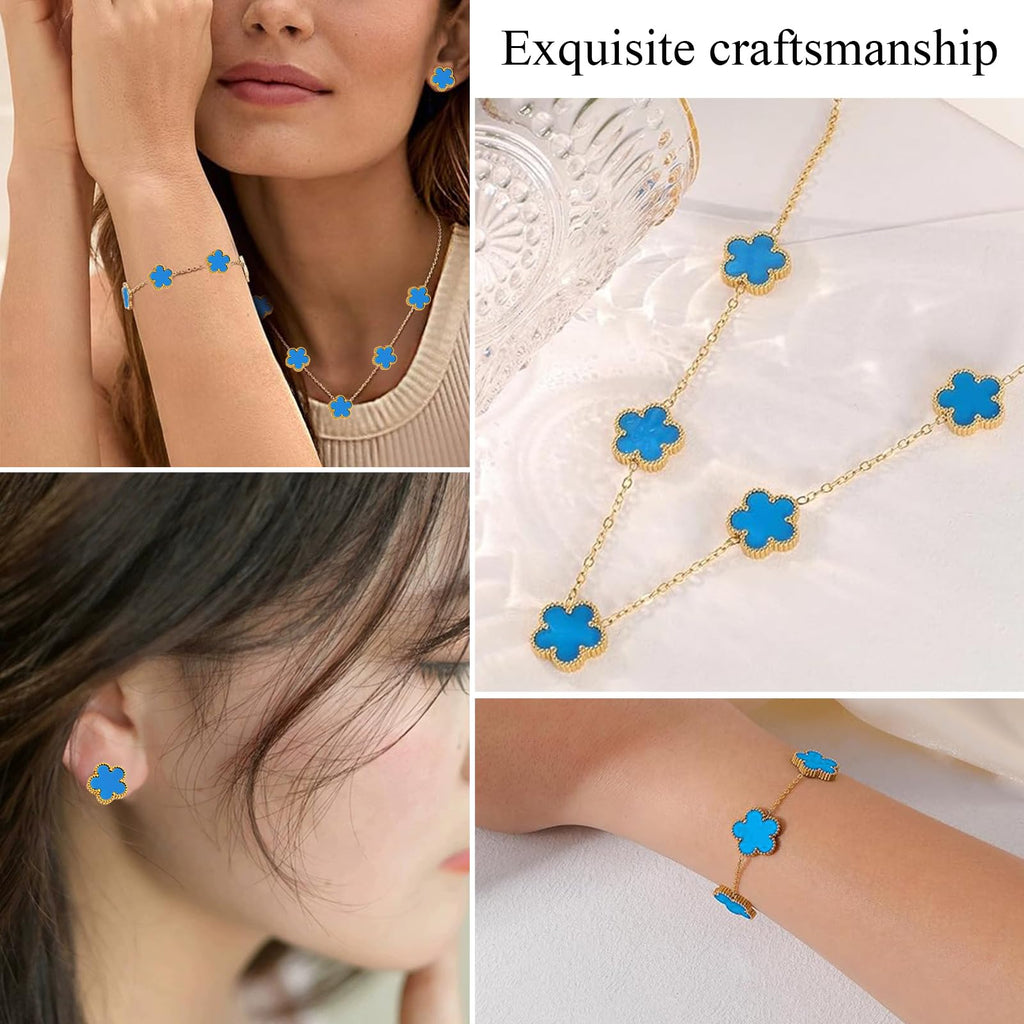 18k Vierblättriges Kleeblatt Schmuckset, Damen Und MäDchen Vergoldet Vierblättriges Kleeblatt Armband Halskette Ohrringe Armband,Schmuck Set für Muttertags,Valentinstag