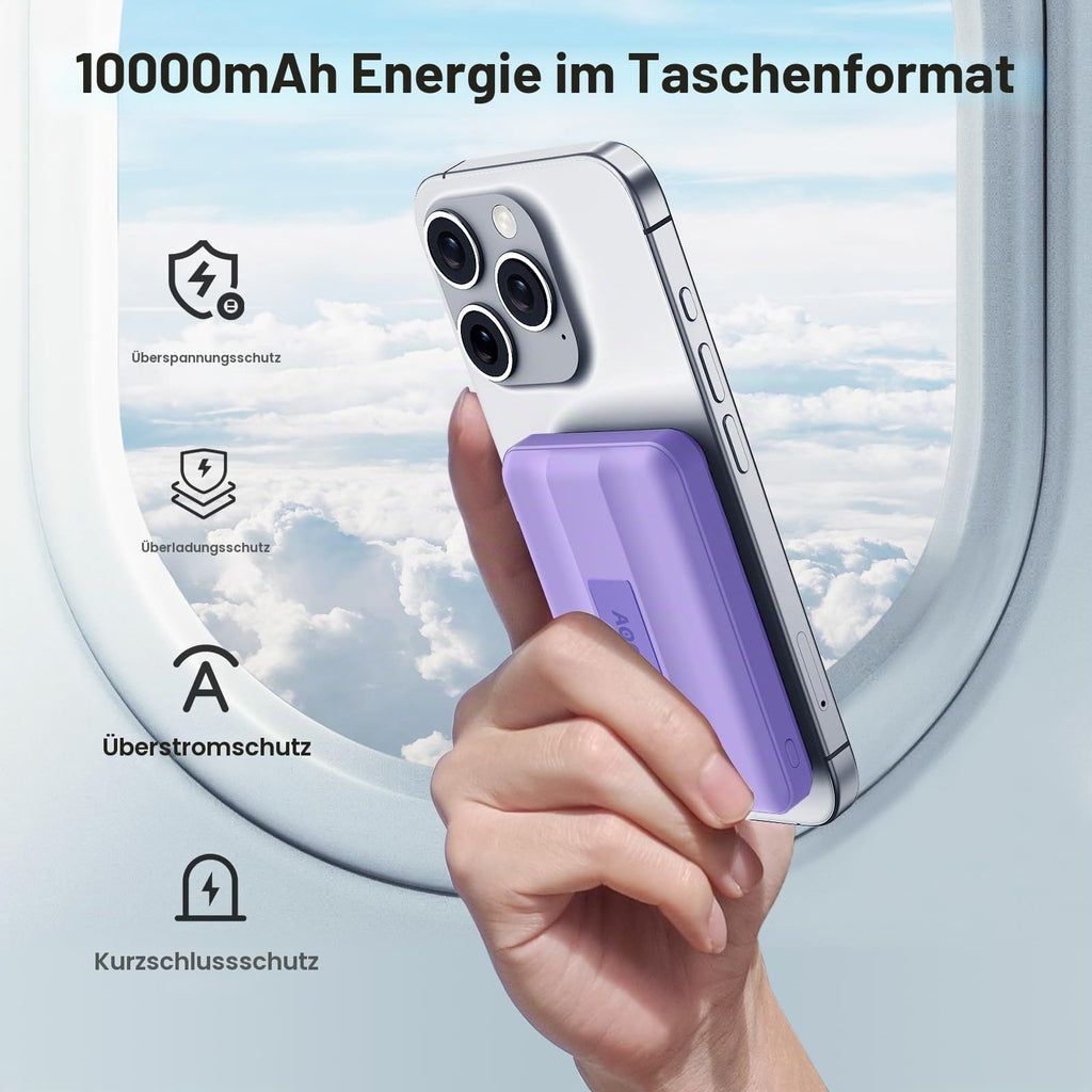 Powerbank für MagSafe, AOGUERBE Magnetische Power Bank 10000mAh, Kabellose Powerbank Schnellladung Externe Handyakkus mit LED Display für iPhone 17/16/15/14/13/12 Series