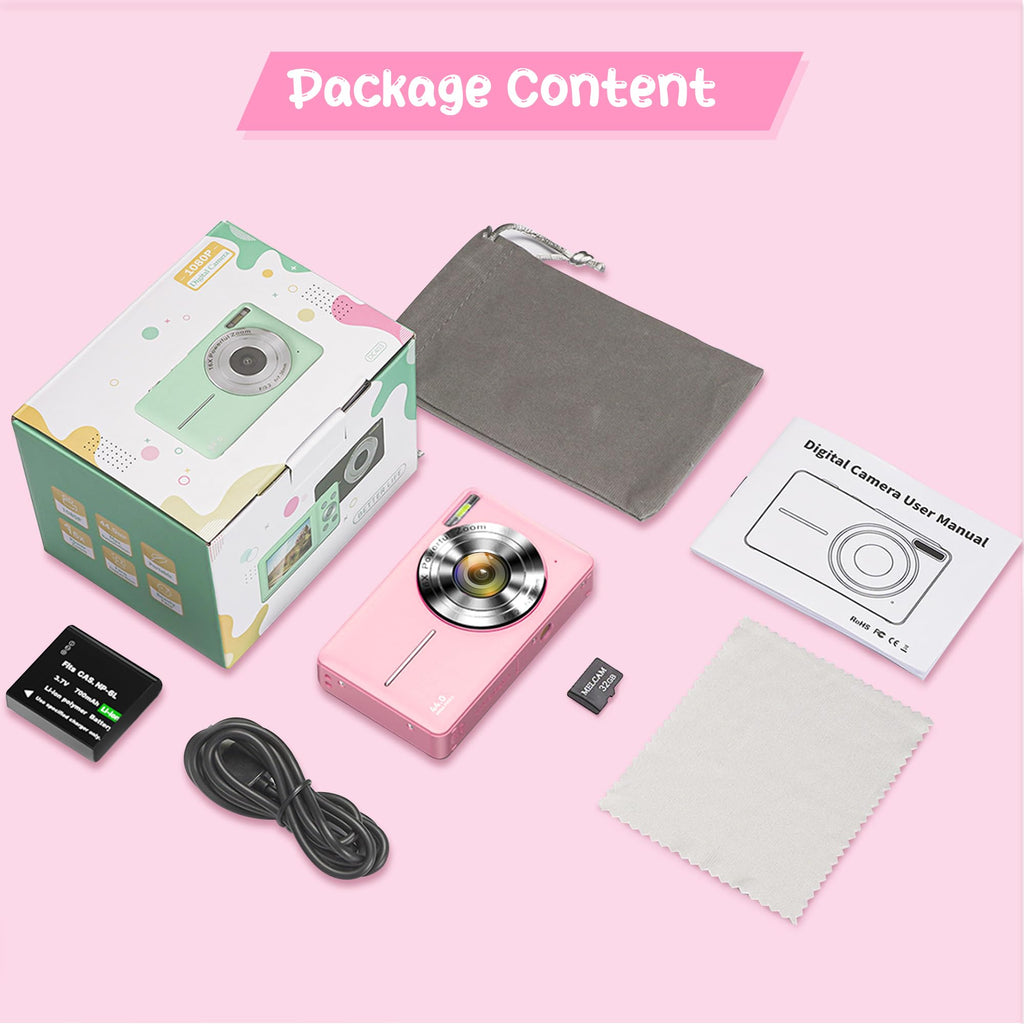 Digitalkamera 1080P 44MP Vlogging Kamera für Kinder Jugendliche, FHD Kompaktkamera Fotokamera mit 2,4" Bildschirm 16X Zoom, Anti-Shake Minikamera für Anfänger Studenten Jungen Mädchen-Schwarz