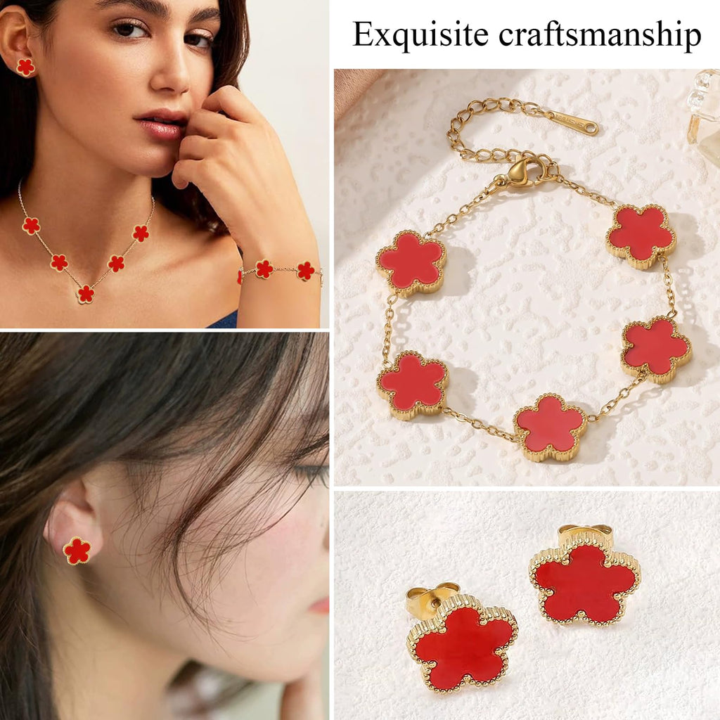 18k Vierblättriges Kleeblatt Schmuckset, Damen Und MäDchen Vergoldet Vierblättriges Kleeblatt Armband Halskette Ohrringe Armband,Schmuck Set für Muttertags,Valentinstag