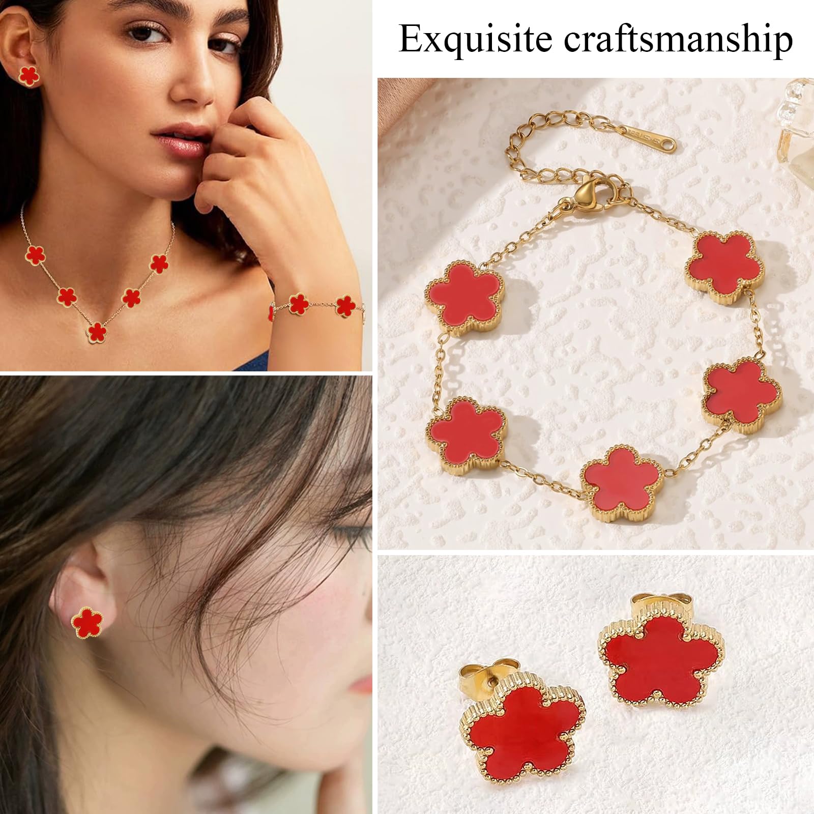 18k Vierblättriges Kleeblatt Schmuckset, Damen Und MäDchen Vergoldet Vierblättriges Kleeblatt Armband Halskette Ohrringe Armband,Schmuck Set für Muttertags,Valentinstag