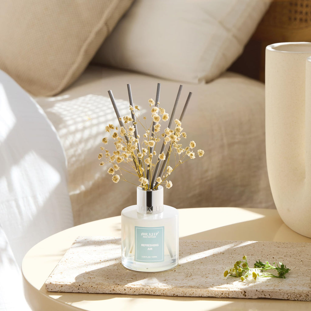 Airkeep Raumduft Clean Linen Duft, Reed Diffuser mit 8 Duftstäbchen, Lufterfrischer für Badezimmer, Wohnung, Heimdekoration, 100ml
