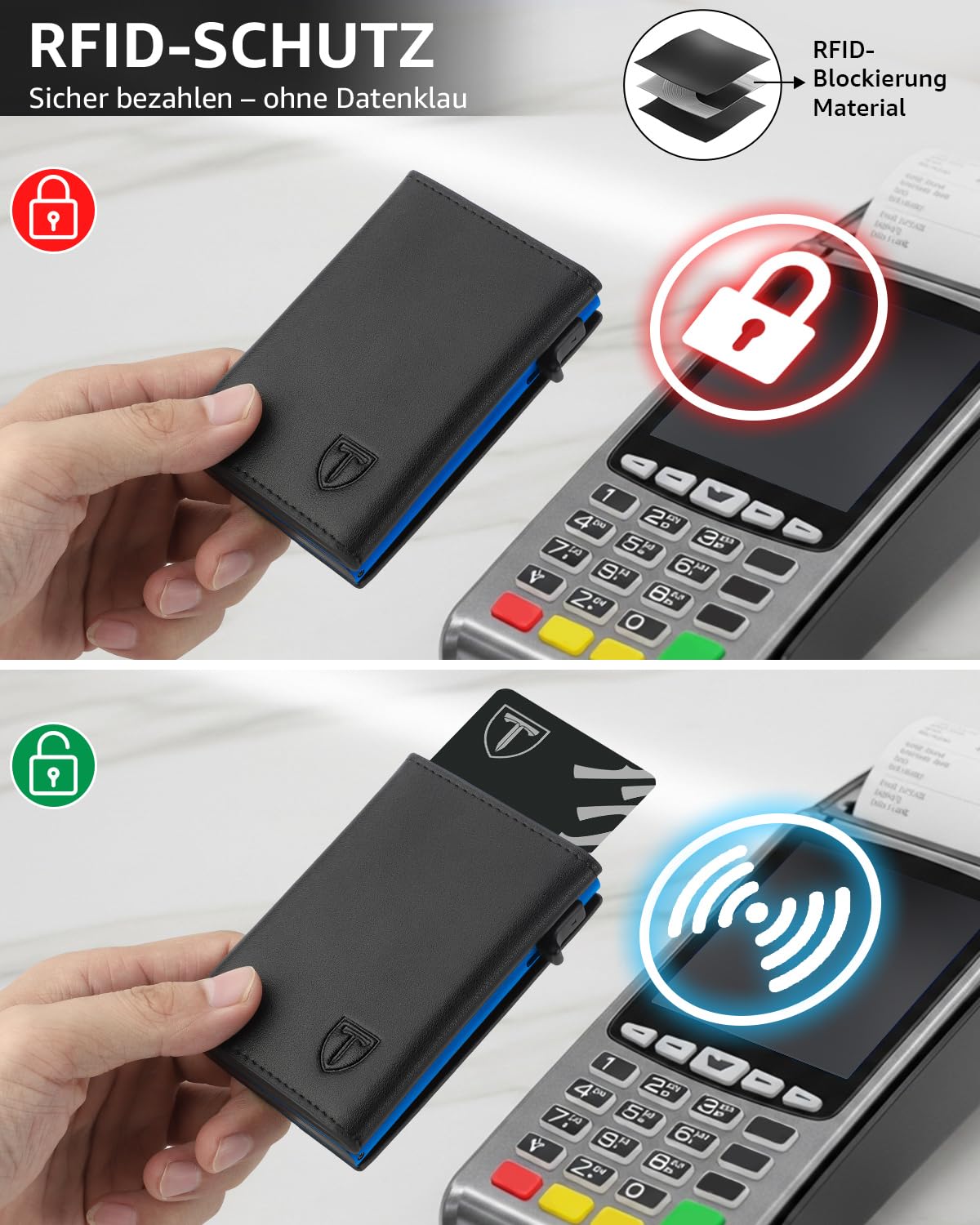 TEEHON Leder Geldbörse Herren mit Münzfach & RFID Schutz | Slim Wallet Kreditkartenetui mit Banknotenfächer | Carbon Geldbeutel Herren Kartenetui Klein& ID-Fenster | Mini Portmonee | Schwarz