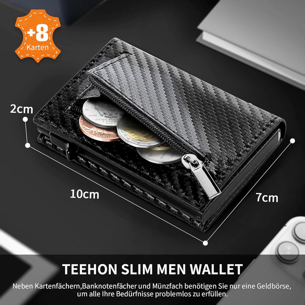 TEEHON Leder Geldbörse Herren mit Münzfach & RFID Schutz | Slim Wallet Kreditkartenetui mit Banknotenfächer | Carbon Geldbeutel Herren Kartenetui Klein& ID-Fenster | Mini Portmonee | Schwarz