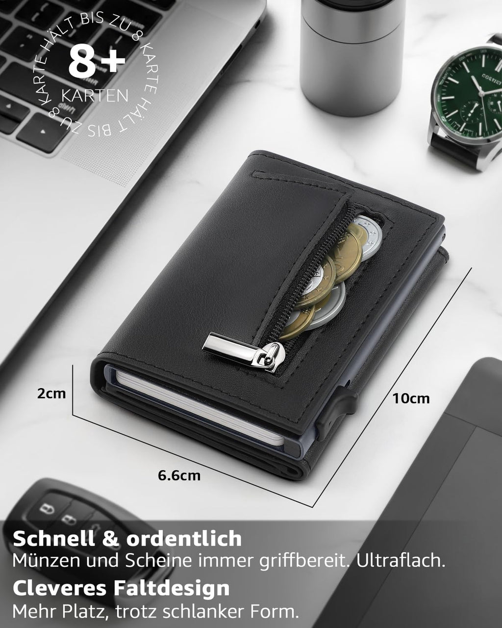 TEEHON Leder Geldbörse Herren mit Münzfach & RFID Schutz | Slim Wallet Kreditkartenetui mit Banknotenfächer | Carbon Geldbeutel Herren Kartenetui Klein& ID-Fenster | Mini Portmonee | Schwarz