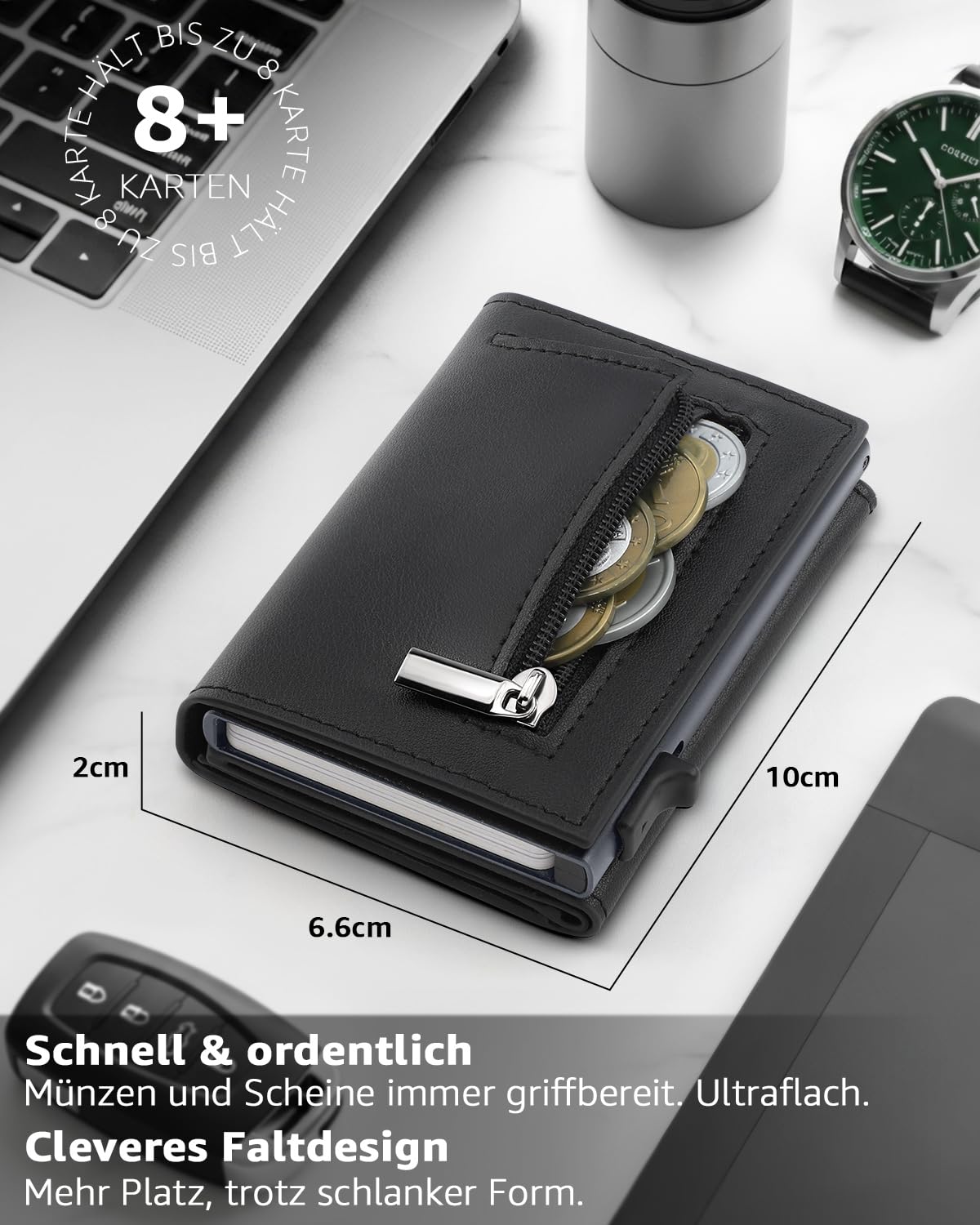 TEEHON Leder Geldbörse Herren mit Münzfach & RFID Schutz | Slim Wallet Kreditkartenetui mit Banknotenfächer | Carbon Geldbeutel Herren Kartenetui Klein& ID-Fenster | Mini Portmonee | Schwarz