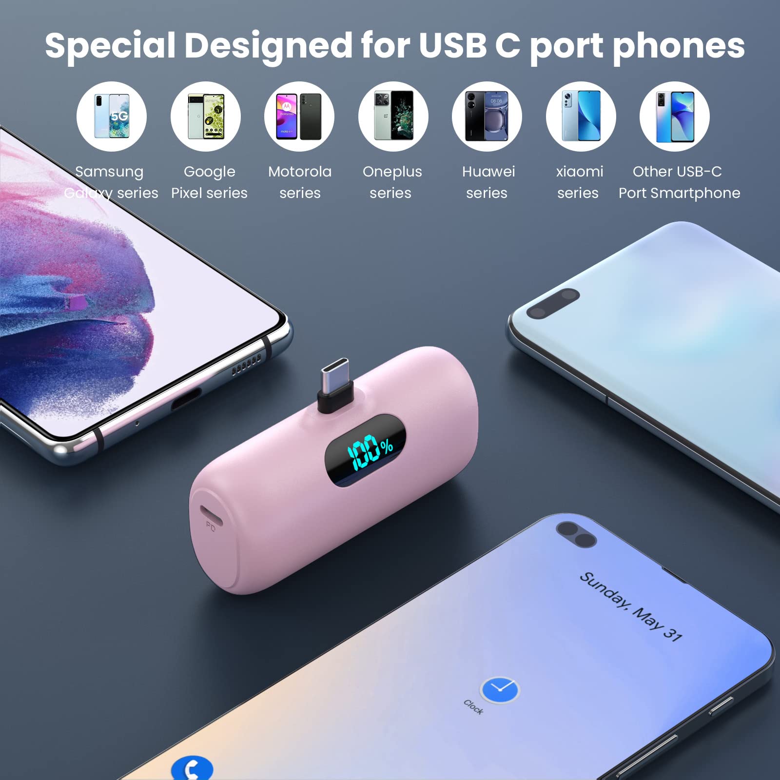 Power Bank USB C 5000mAh, Mini Powerbank Klein Aber Stark 15W PD 3.0 Schnelles Aufladen Tragbares Externer Akku mit LED Display Kompatibel mit iPhone 17/16/15, Samsung S25/24, Android Telefone