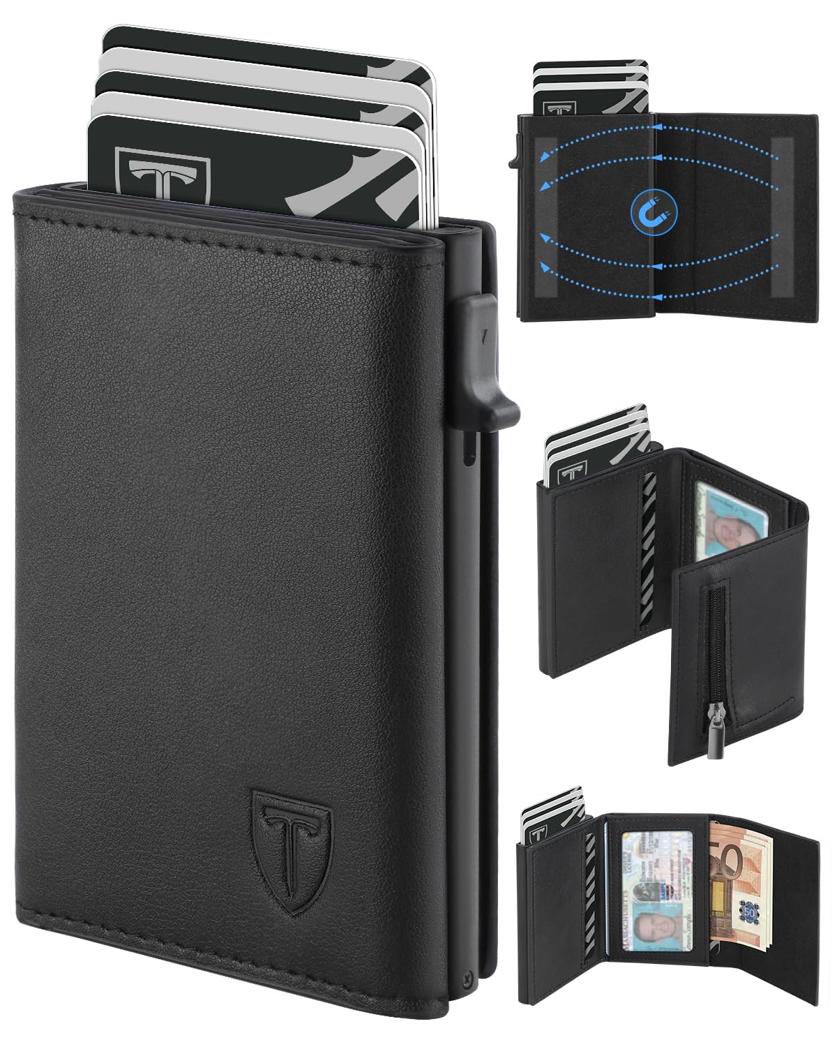 TEEHON Leder Geldbörse Herren mit Münzfach & RFID Schutz | Slim Wallet Kreditkartenetui mit Banknotenfächer | Carbon Geldbeutel Herren Kartenetui Klein& ID-Fenster | Mini Portmonee | Schwarz