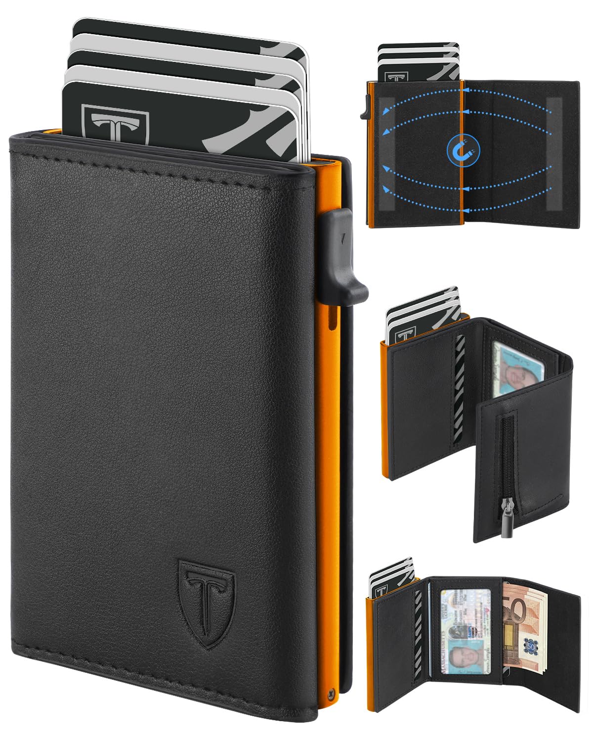 TEEHON Leder Geldbörse Herren mit Münzfach & RFID Schutz | Slim Wallet Kreditkartenetui mit Banknotenfächer | Carbon Geldbeutel Herren Kartenetui Klein& ID-Fenster | Mini Portmonee | Schwarz