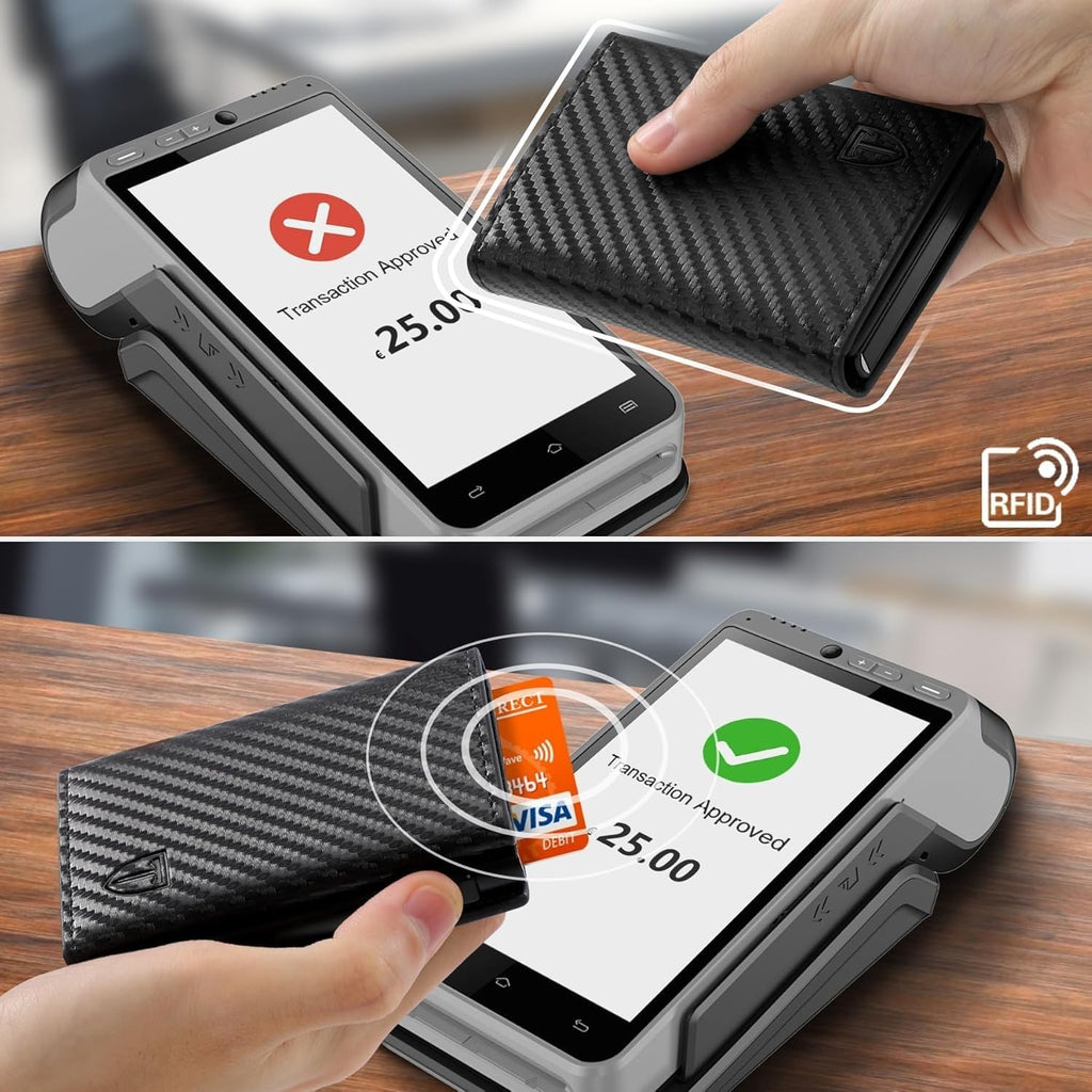 TEEHON Leder Geldbörse Herren mit Münzfach & RFID Schutz | Slim Wallet Kreditkartenetui mit Banknotenfächer | Carbon Geldbeutel Herren Kartenetui Klein& ID-Fenster | Mini Portmonee | Schwarz