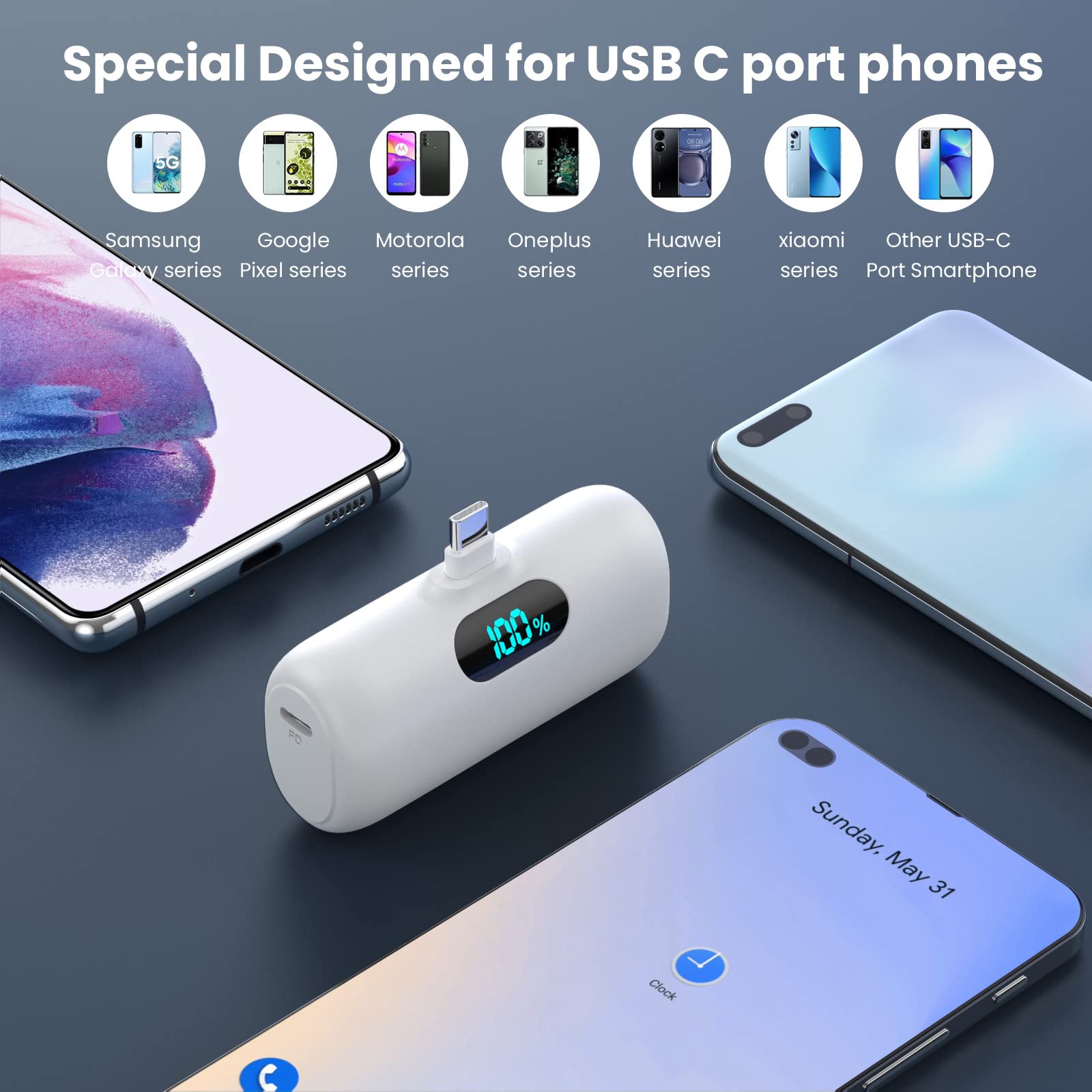 Power Bank USB C 5000mAh, Mini Powerbank Klein Aber Stark 15W PD 3.0 Schnelles Aufladen Tragbares Externer Akku mit LED Display Kompatibel mit iPhone 17/16/15, Samsung S25/24, Android Telefone