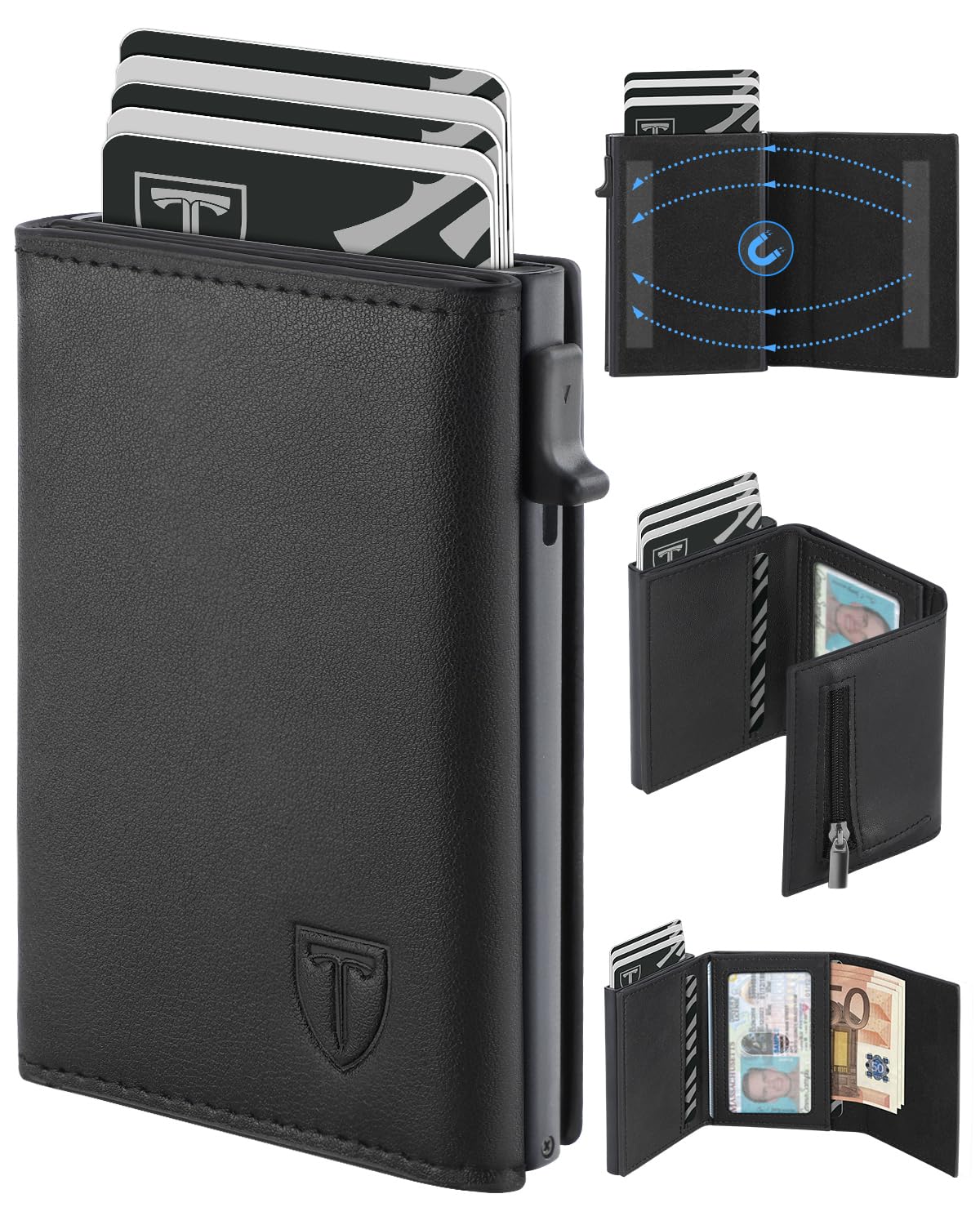 TEEHON Leder Geldbörse Herren mit Münzfach & RFID Schutz | Slim Wallet Kreditkartenetui mit Banknotenfächer | Carbon Geldbeutel Herren Kartenetui Klein& ID-Fenster | Mini Portmonee | Schwarz