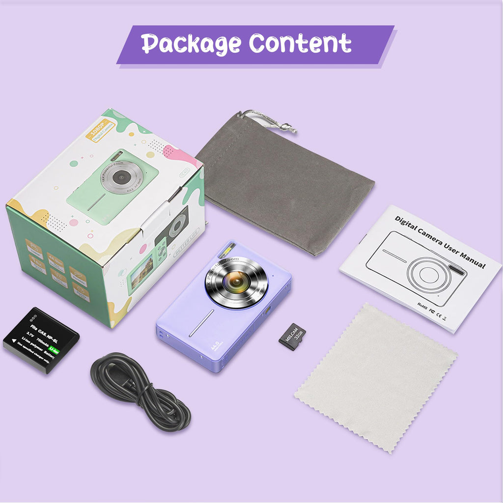 Digitalkamera 1080P 44MP Vlogging Kamera für Kinder Jugendliche, FHD Kompaktkamera Fotokamera mit 2,4" Bildschirm 16X Zoom, Anti-Shake Minikamera für Anfänger Studenten Jungen Mädchen-Schwarz