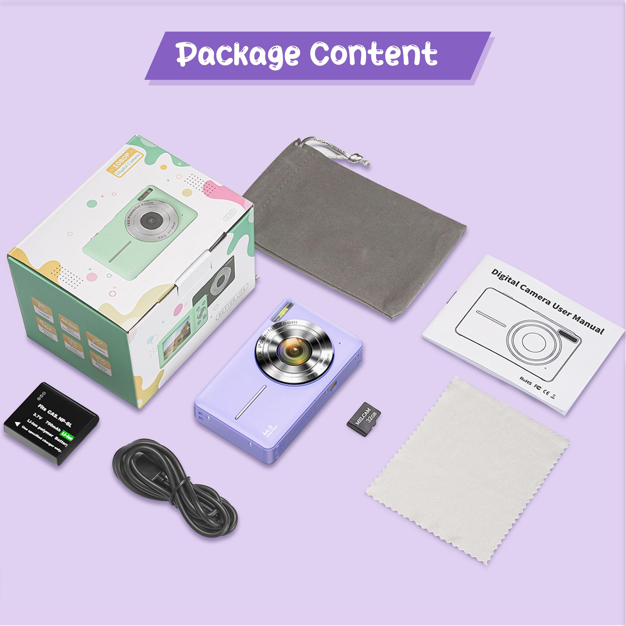 Digitalkamera 1080P 44MP Vlogging Kamera für Kinder Jugendliche, FHD Kompaktkamera Fotokamera mit 2,4" Bildschirm 16X Zoom, Anti-Shake Minikamera für Anfänger Studenten Jungen Mädchen-Schwarz