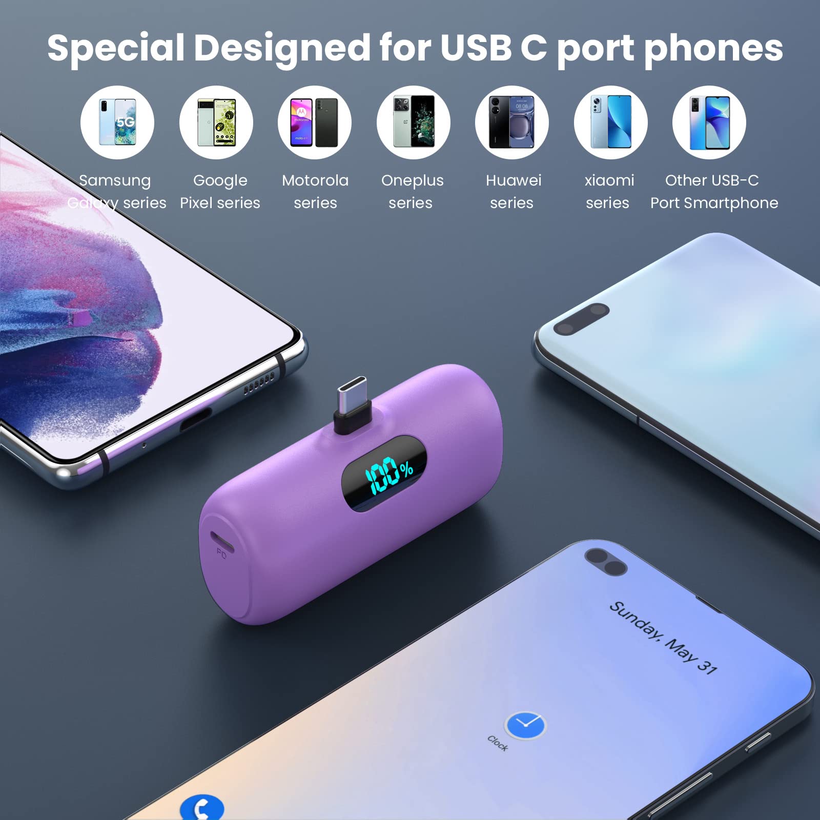 Power Bank USB C 5000mAh, Mini Powerbank Klein Aber Stark 15W PD 3.0 Schnelles Aufladen Tragbares Externer Akku mit LED Display Kompatibel mit iPhone 17/16/15, Samsung S25/24, Android Telefone