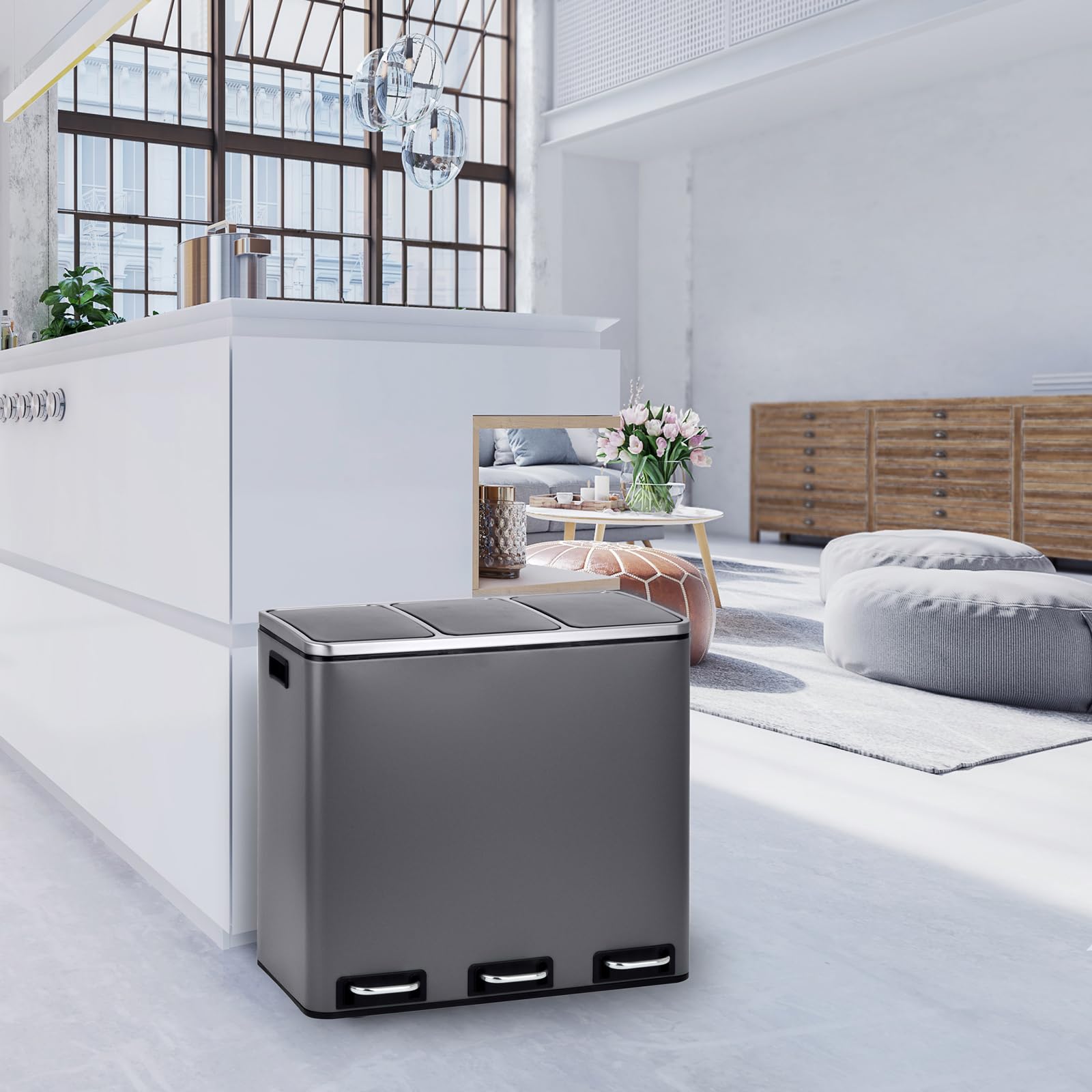 SVITA TM3X18 Edelstahl Treteimer 54 Liter Abfalleimer Mülleimer Design Silber Mülltrennung Papierkorb Küchen-Ordnung Trennsystem