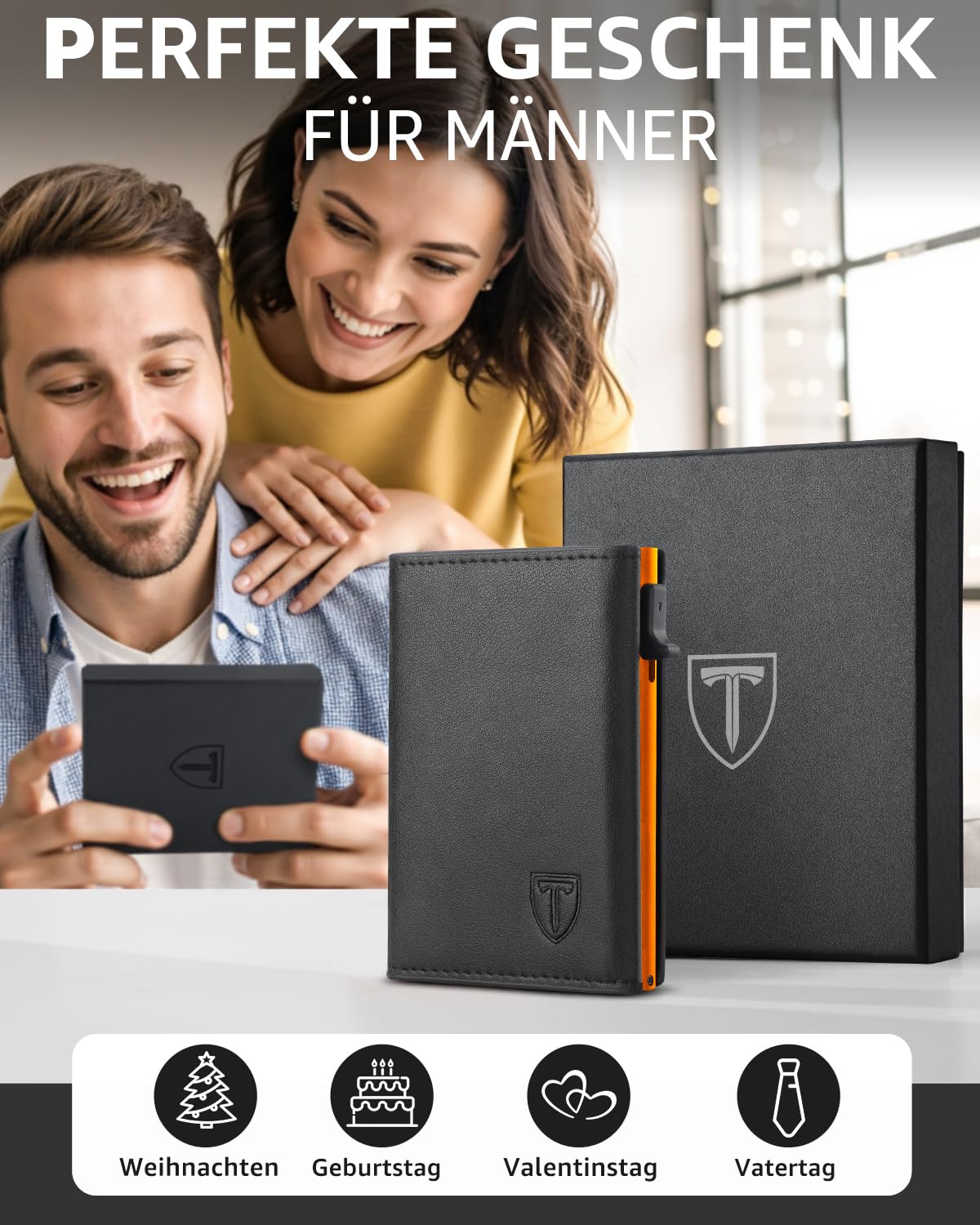 TEEHON Leder Geldbörse Herren mit Münzfach & RFID Schutz | Slim Wallet Kreditkartenetui mit Banknotenfächer | Carbon Geldbeutel Herren Kartenetui Klein& ID-Fenster | Mini Portmonee | Schwarz