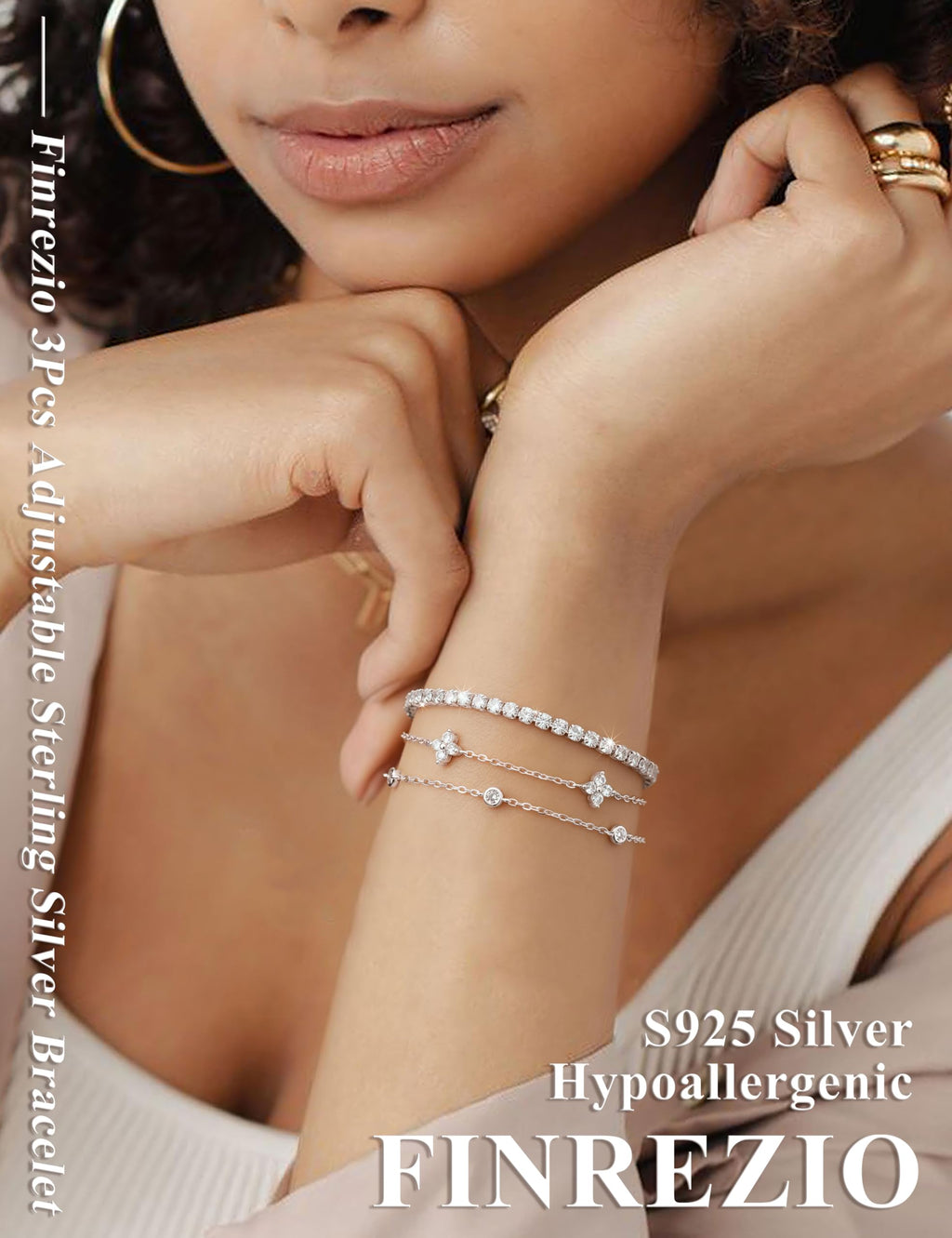 Finrezio 3 Stück Armband Damen Silber 925 Tennis Armband Silver Armband Set 14 Karat Vergoldet Gold Armbänder Damen Mit Zirkonia Verstellbare Armband Schmuck Geschenk für Damen Silber/Gold/Rosegold