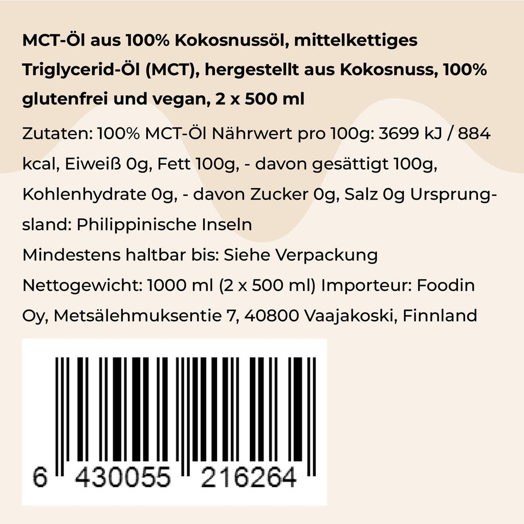 FOODIN MCT Öl 1000ml (2 x 500 ml) aus 100% Kokosöl, Medium-Chain Triglyceride (MCT) Oil, Hergestellt aus produzierter Kokosnuss, 100% glutenfrei und vegan, Ideal für Ketogene Ernährung