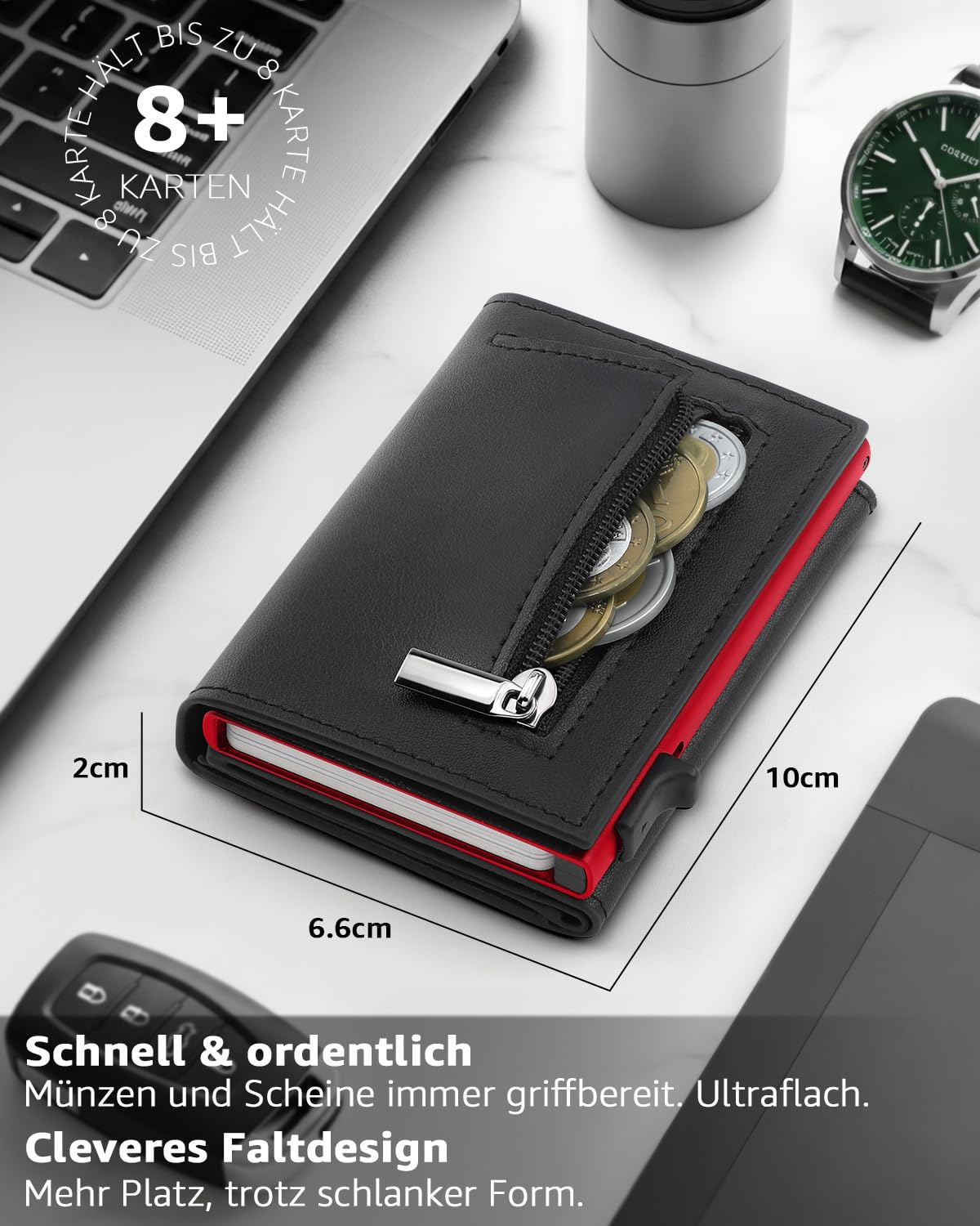 TEEHON Leder Geldbörse Herren mit Münzfach & RFID Schutz | Slim Wallet Kreditkartenetui mit Banknotenfächer | Carbon Geldbeutel Herren Kartenetui Klein& ID-Fenster | Mini Portmonee | Schwarz