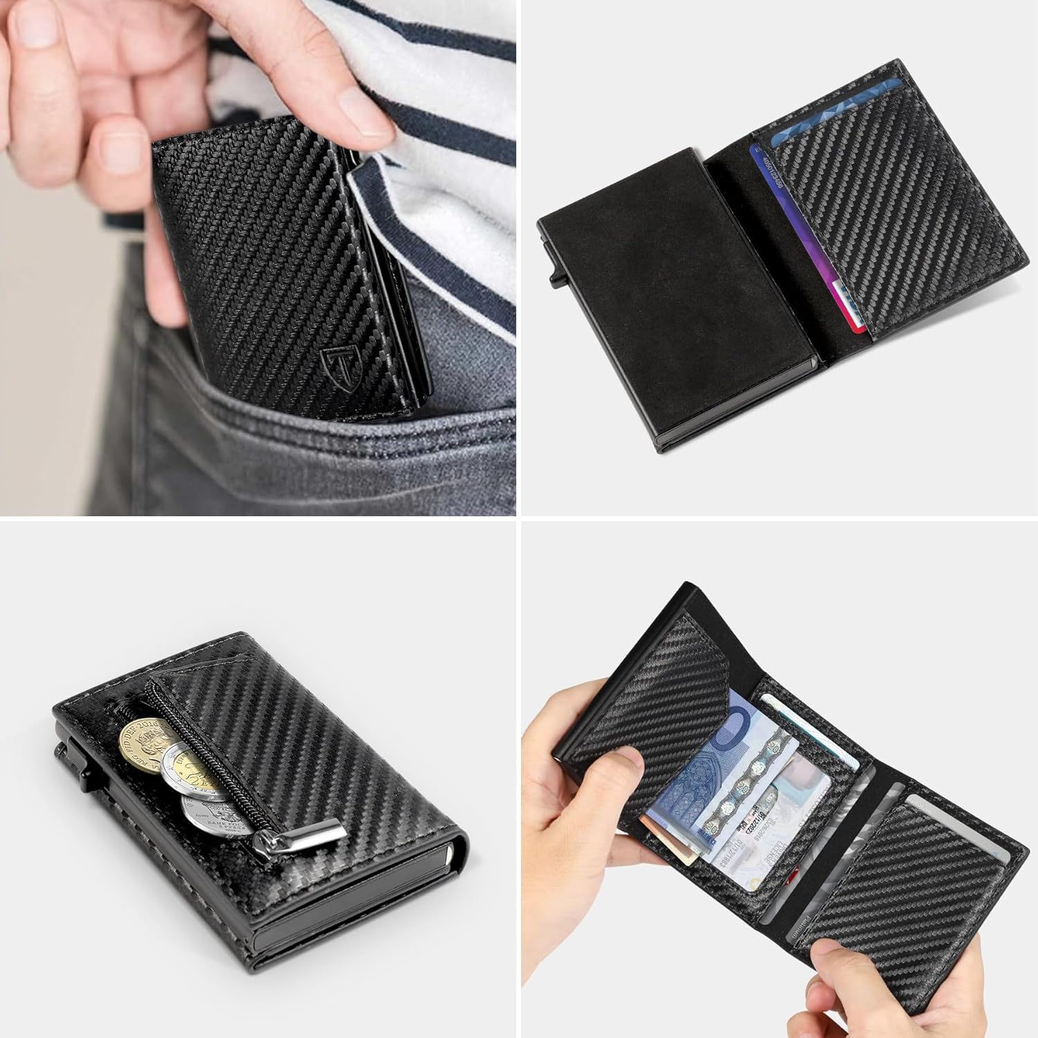 TEEHON Leder Geldbörse Herren mit Münzfach & RFID Schutz | Slim Wallet Kreditkartenetui mit Banknotenfächer | Carbon Geldbeutel Herren Kartenetui Klein& ID-Fenster | Mini Portmonee | Schwarz
