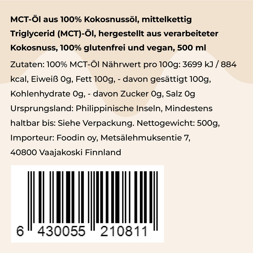 FOODIN MCT Öl 1000ml (2 x 500 ml) aus 100% Kokosöl, Medium-Chain Triglyceride (MCT) Oil, Hergestellt aus produzierter Kokosnuss, 100% glutenfrei und vegan, Ideal für Ketogene Ernährung