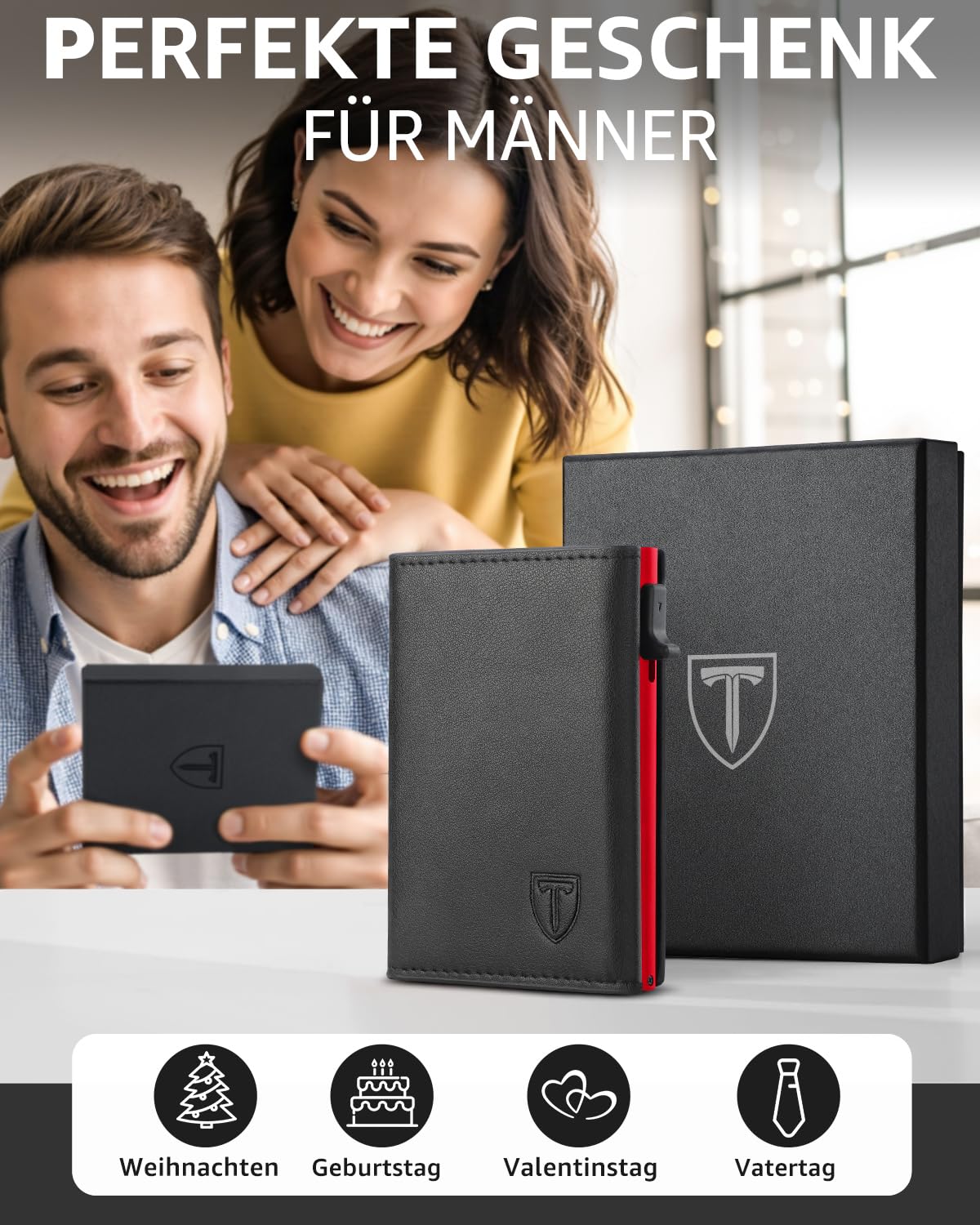 TEEHON Leder Geldbörse Herren mit Münzfach & RFID Schutz | Slim Wallet Kreditkartenetui mit Banknotenfächer | Carbon Geldbeutel Herren Kartenetui Klein& ID-Fenster | Mini Portmonee | Schwarz