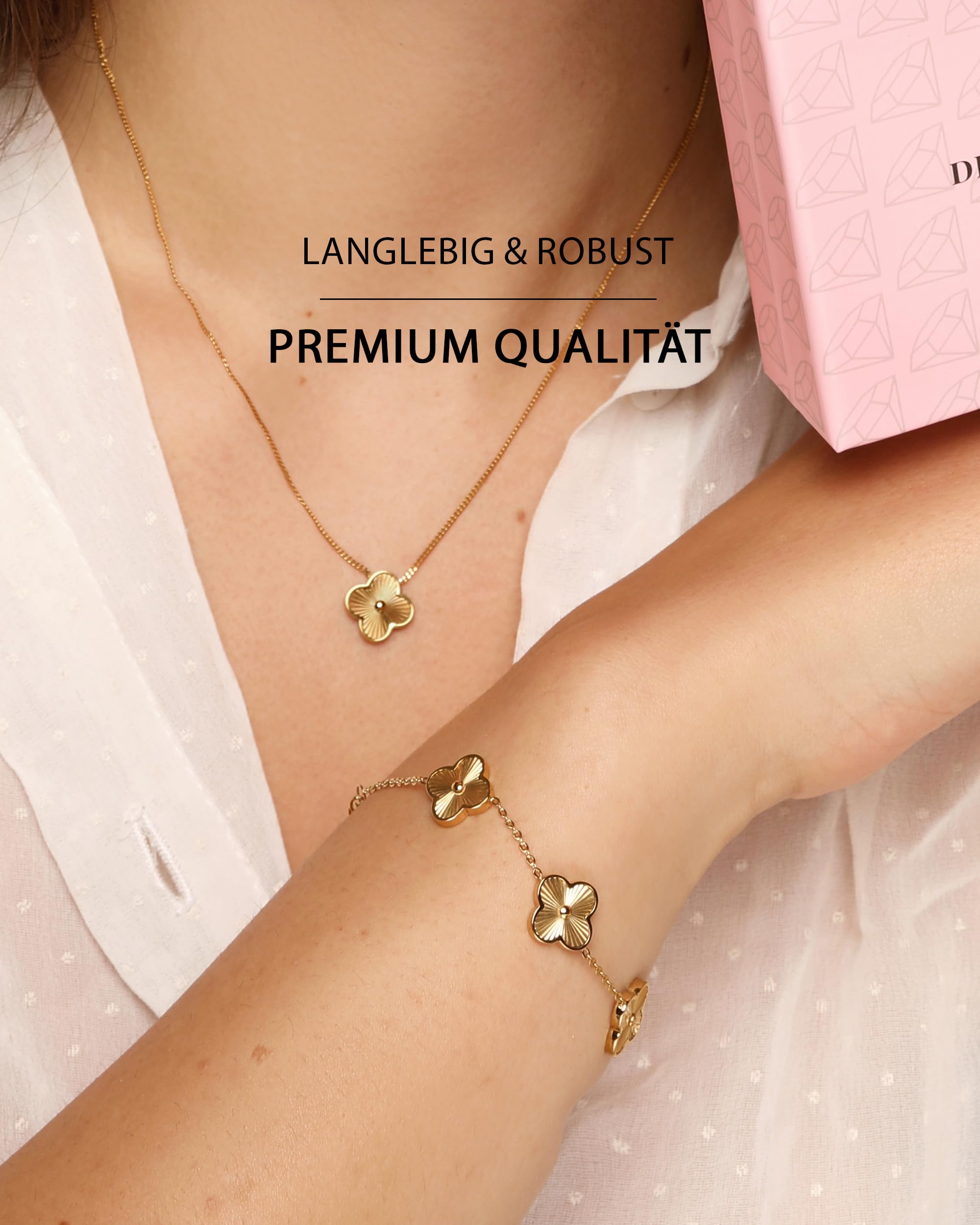 DIAMOND MODE Kleeblatt Armband Damen Gold – Schmuck 18K vergoldet, Shine Clover, Chirurgenstahl 316L, wasserfest, verstellbar 16–20 cm – Geschenk