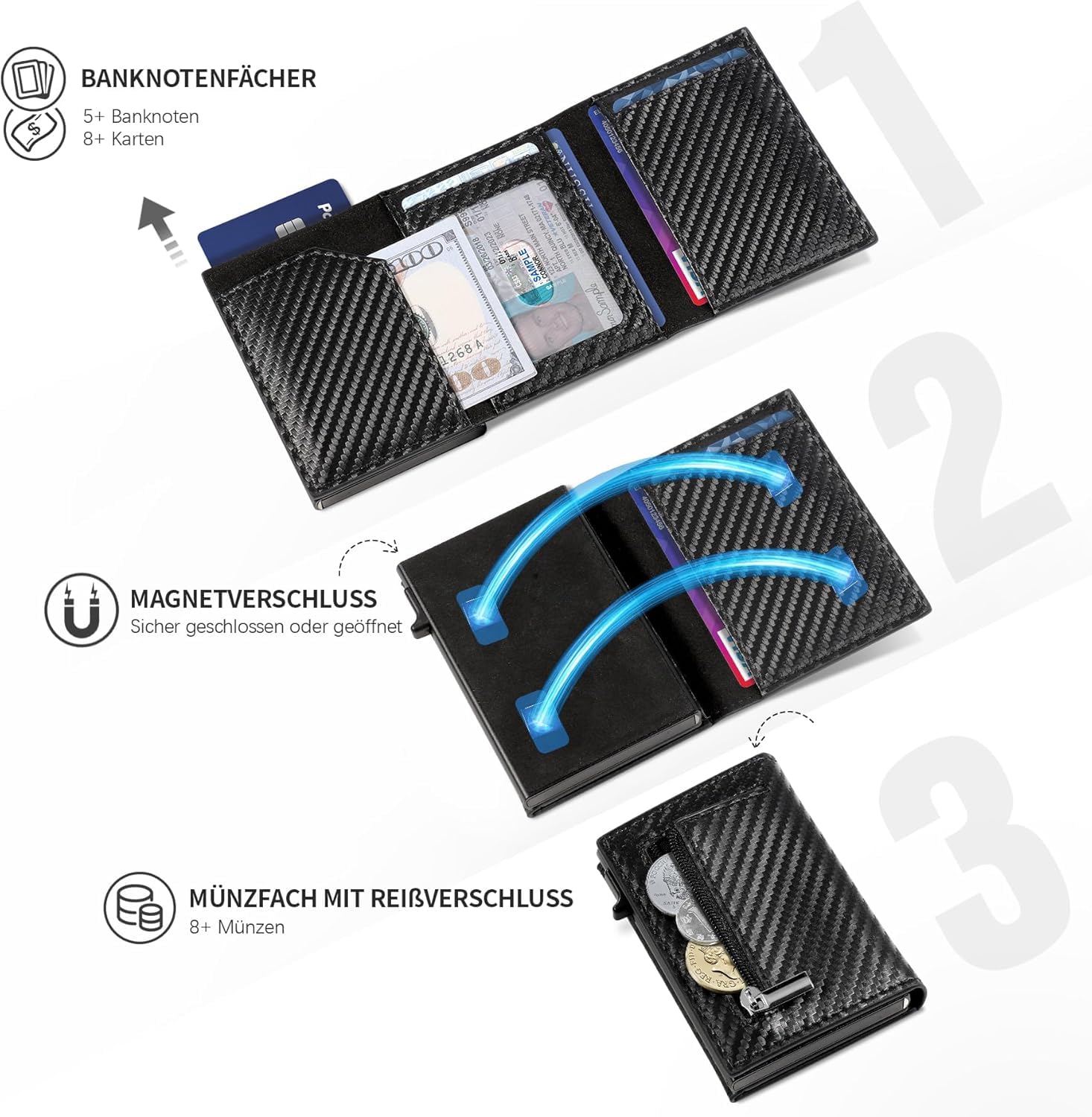 TEEHON Leder Geldbörse Herren mit Münzfach & RFID Schutz | Slim Wallet Kreditkartenetui mit Banknotenfächer | Carbon Geldbeutel Herren Kartenetui Klein& ID-Fenster | Mini Portmonee | Schwarz
