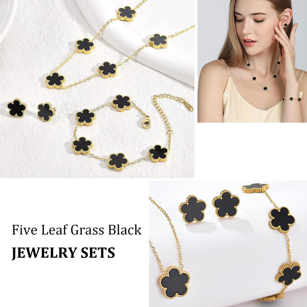 18k Vierblättriges Kleeblatt Schmuckset, Damen Und MäDchen Vergoldet Vierblättriges Kleeblatt Armband Halskette Ohrringe Armband,Schmuck Set für Muttertags,Valentinstag