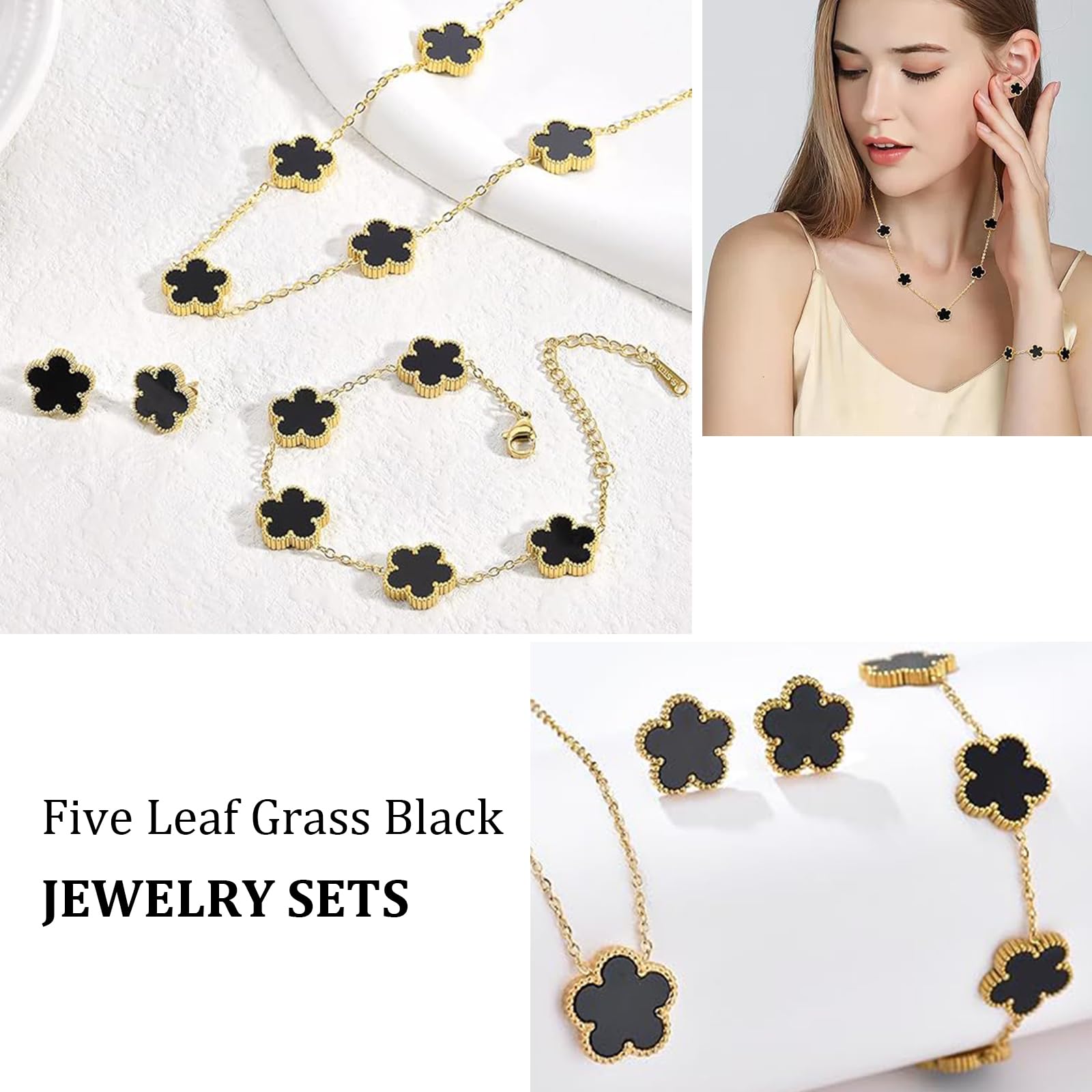 18k Vierblättriges Kleeblatt Schmuckset, Damen Und MäDchen Vergoldet Vierblättriges Kleeblatt Armband Halskette Ohrringe Armband,Schmuck Set für Muttertags,Valentinstag