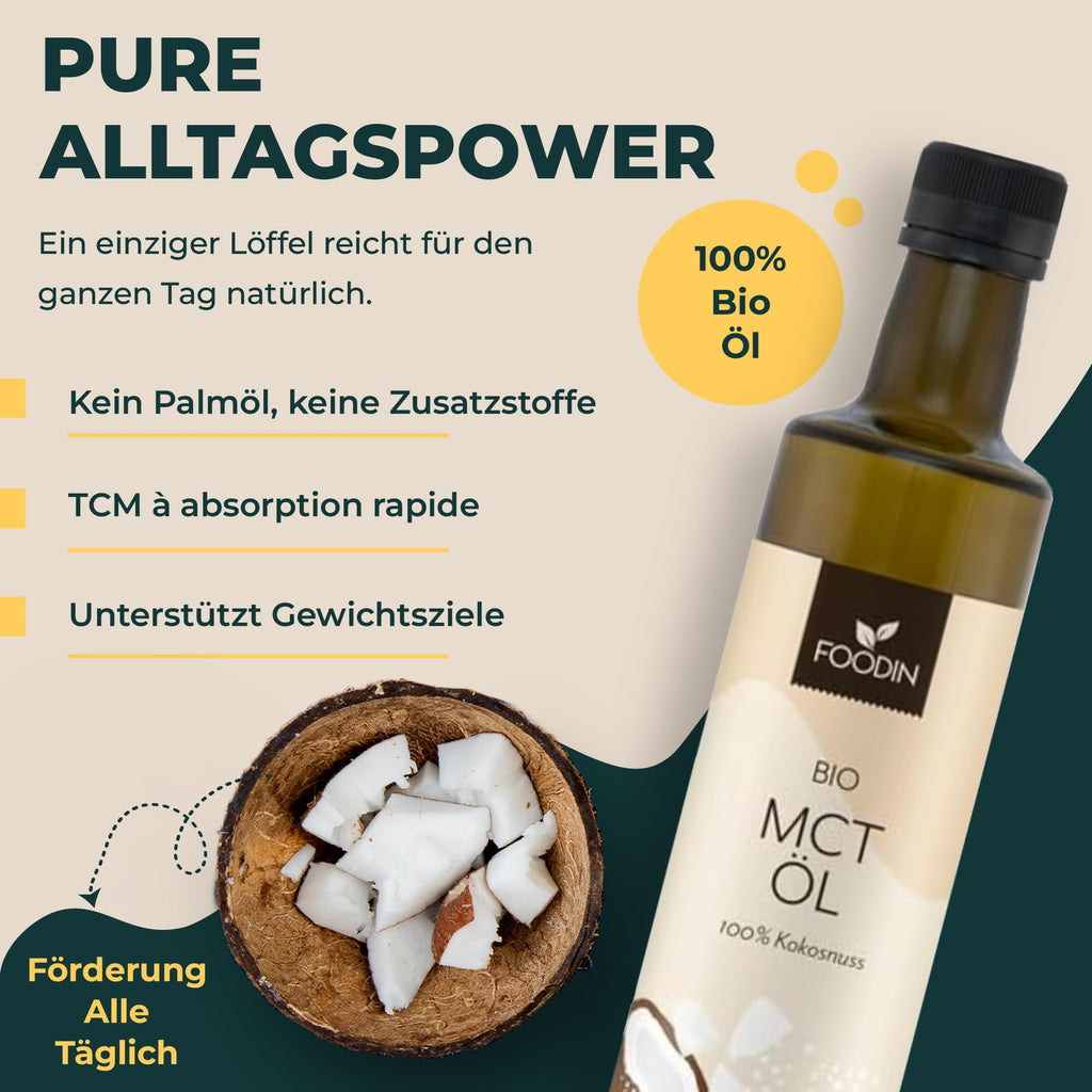 FOODIN MCT Öl 1000ml (2 x 500 ml) aus 100% Kokosöl, Medium-Chain Triglyceride (MCT) Oil, Hergestellt aus produzierter Kokosnuss, 100% glutenfrei und vegan, Ideal für Ketogene Ernährung